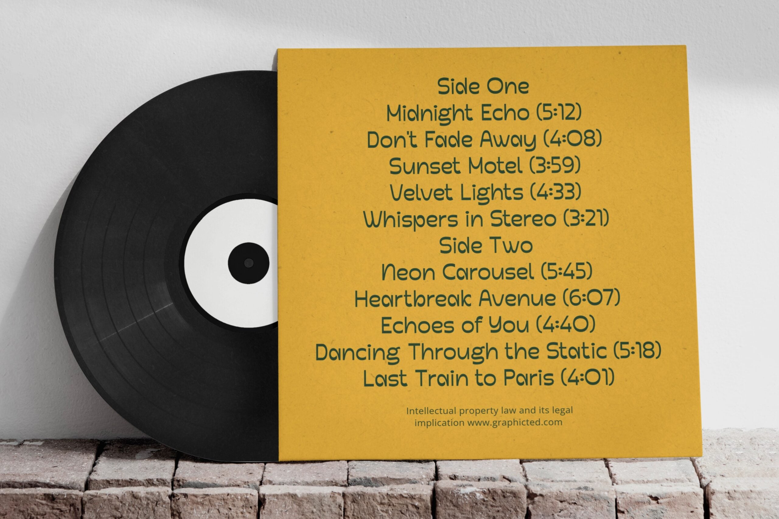 Vinyl record with yellow tracklist label displaying song titles