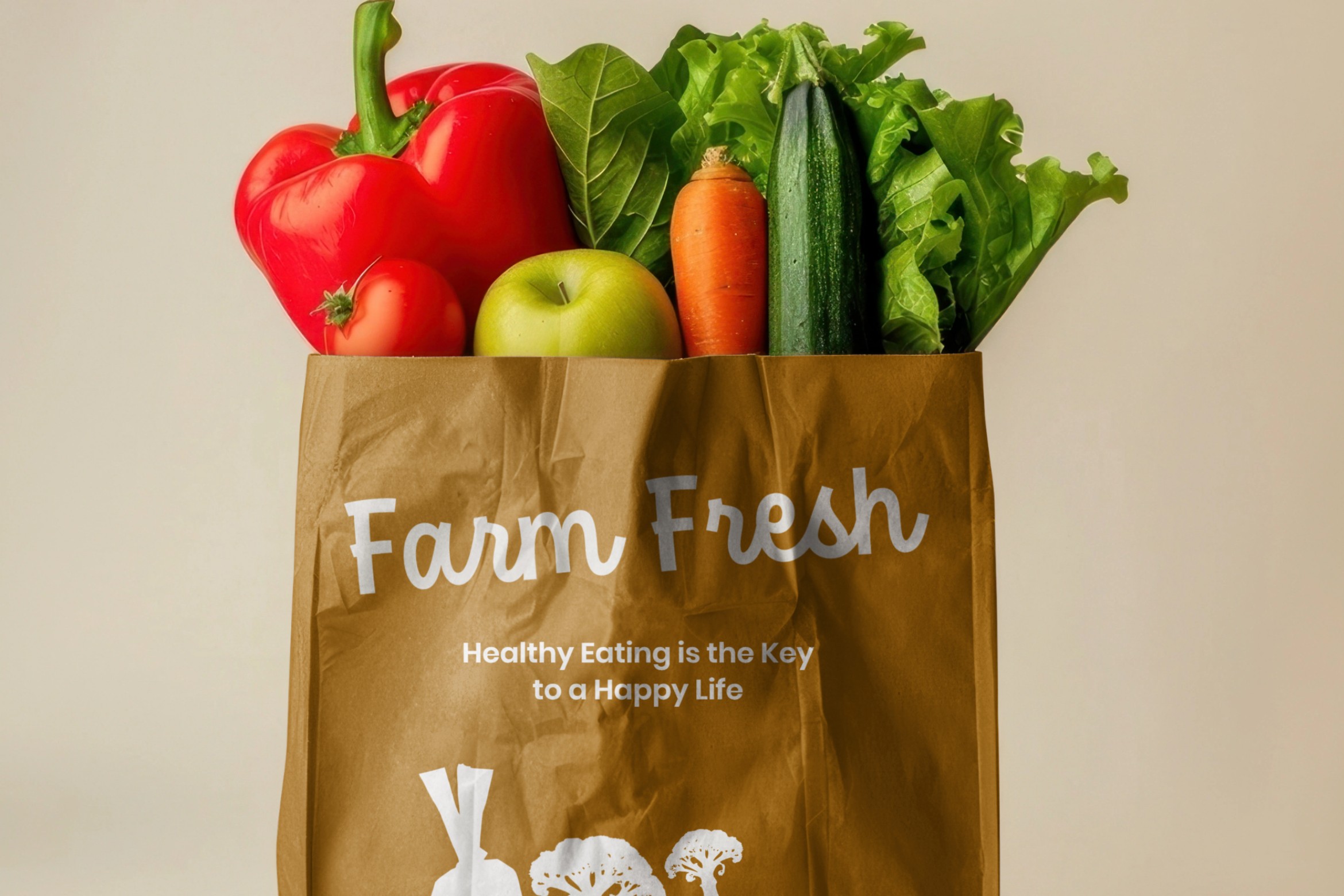 Brown paper grocery bag overflowing with fresh tomatoes, lettuce, carrot, cucumber, labeled Farm Fresh with tagline