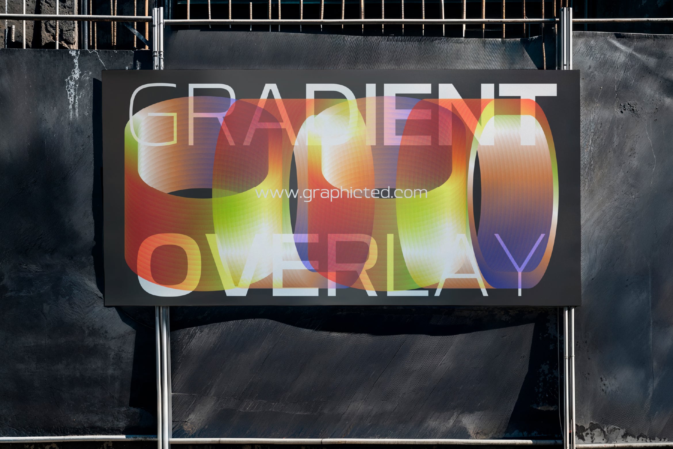 Gradient overlay mockup displaying colorful type on urban billboard