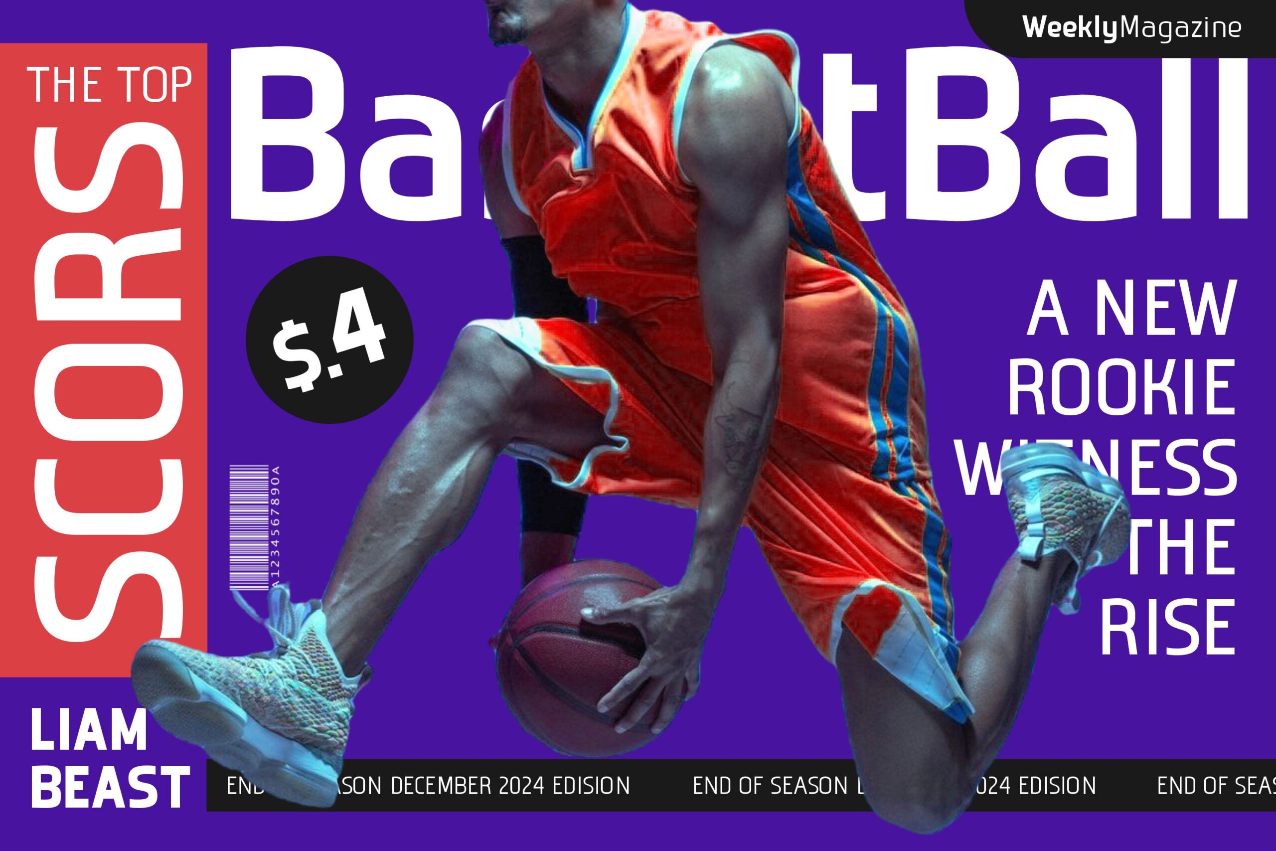 Sports magazine cover with basketball player in red jersey holding ball on purple background