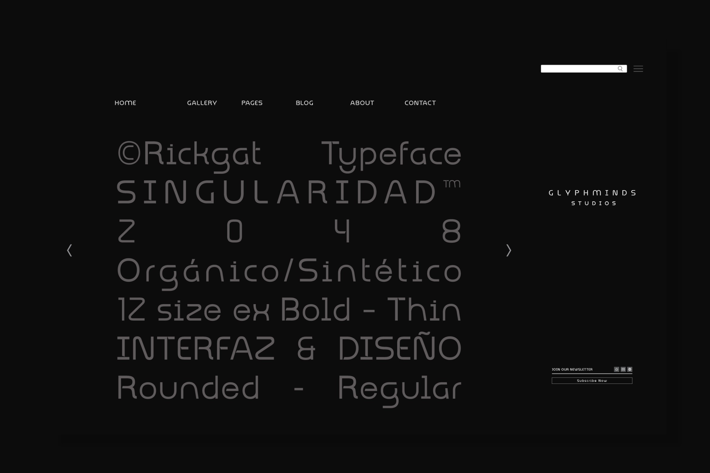 Rickgat typeface showcase on dark website layout with navigation menu