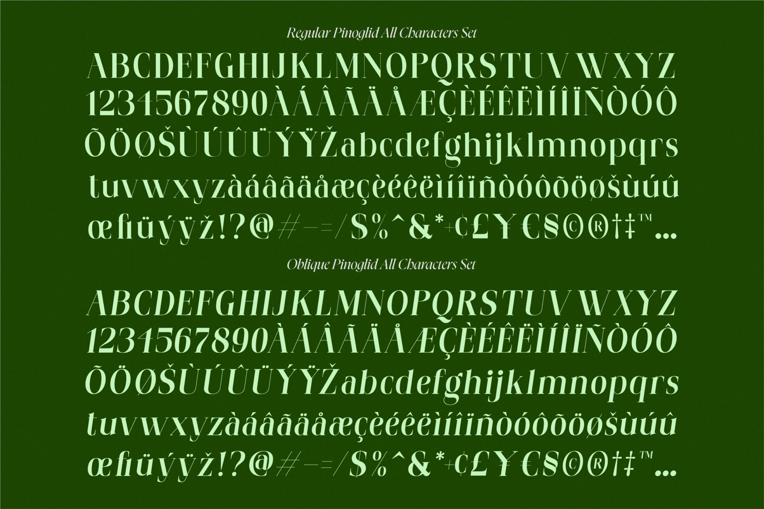 Pinoglid character set displaying full alphabet numbers accents on green