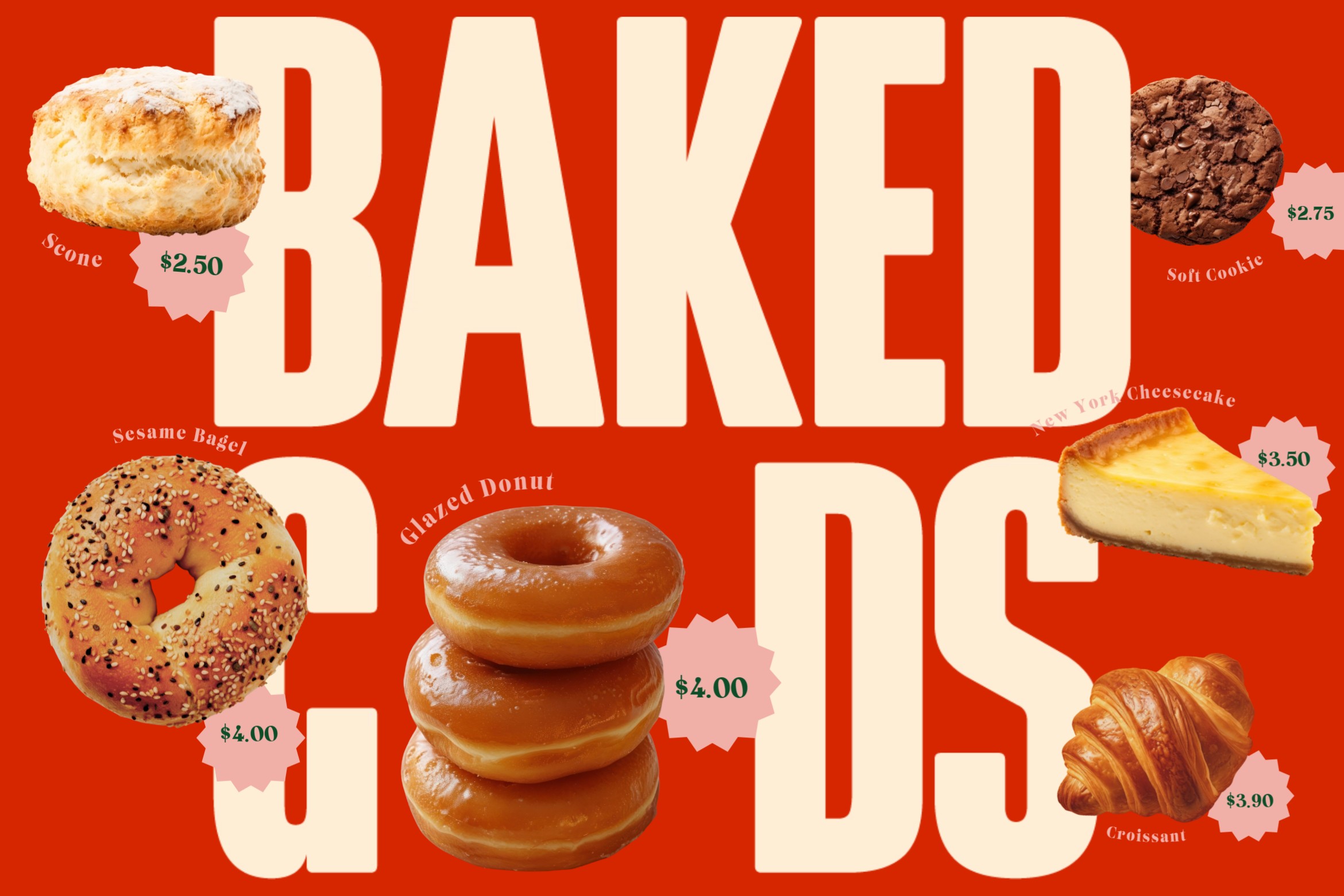 Baked Goods retro poster with cream letters surrounded by cookies, bagels, donuts with prices