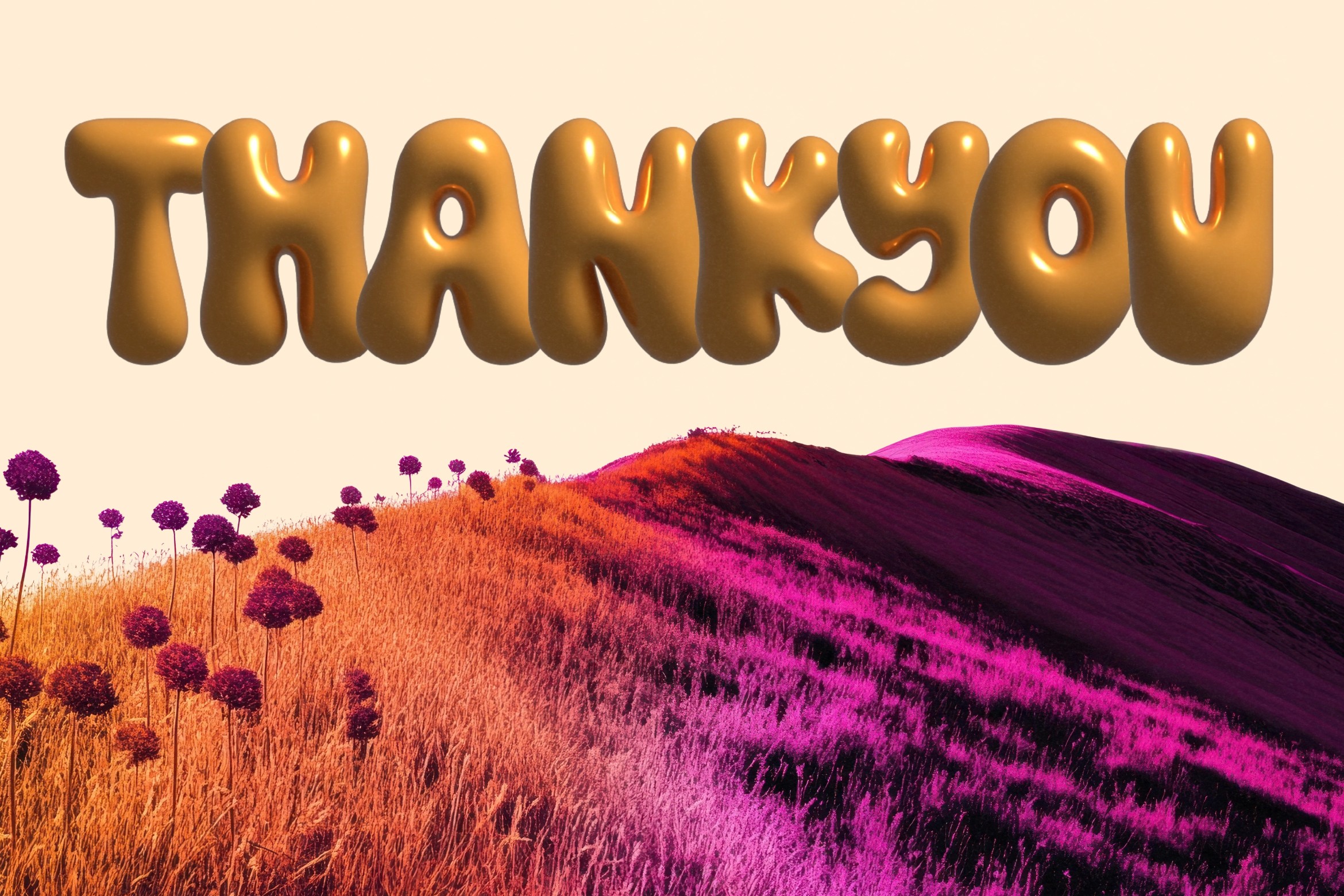 Thankyou in shiny gold 3D letters floating above colorful field with purple flowers