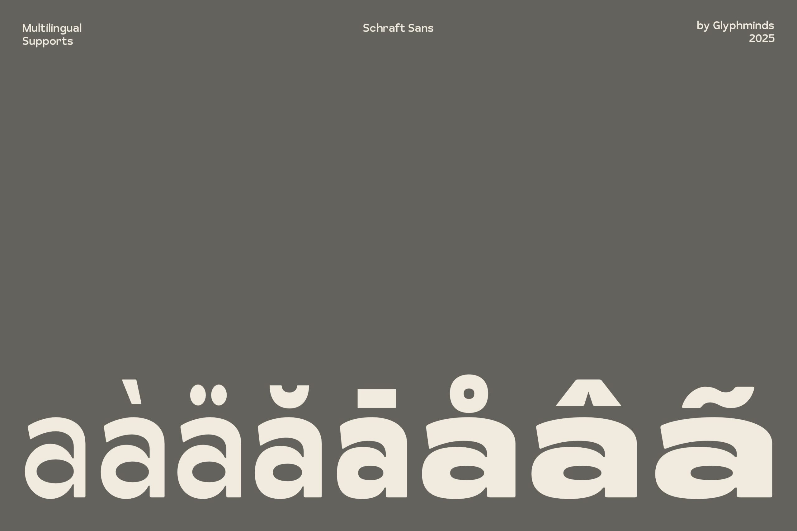 Schraft Sans font specimen showing multilingual characters in cream on charcoal