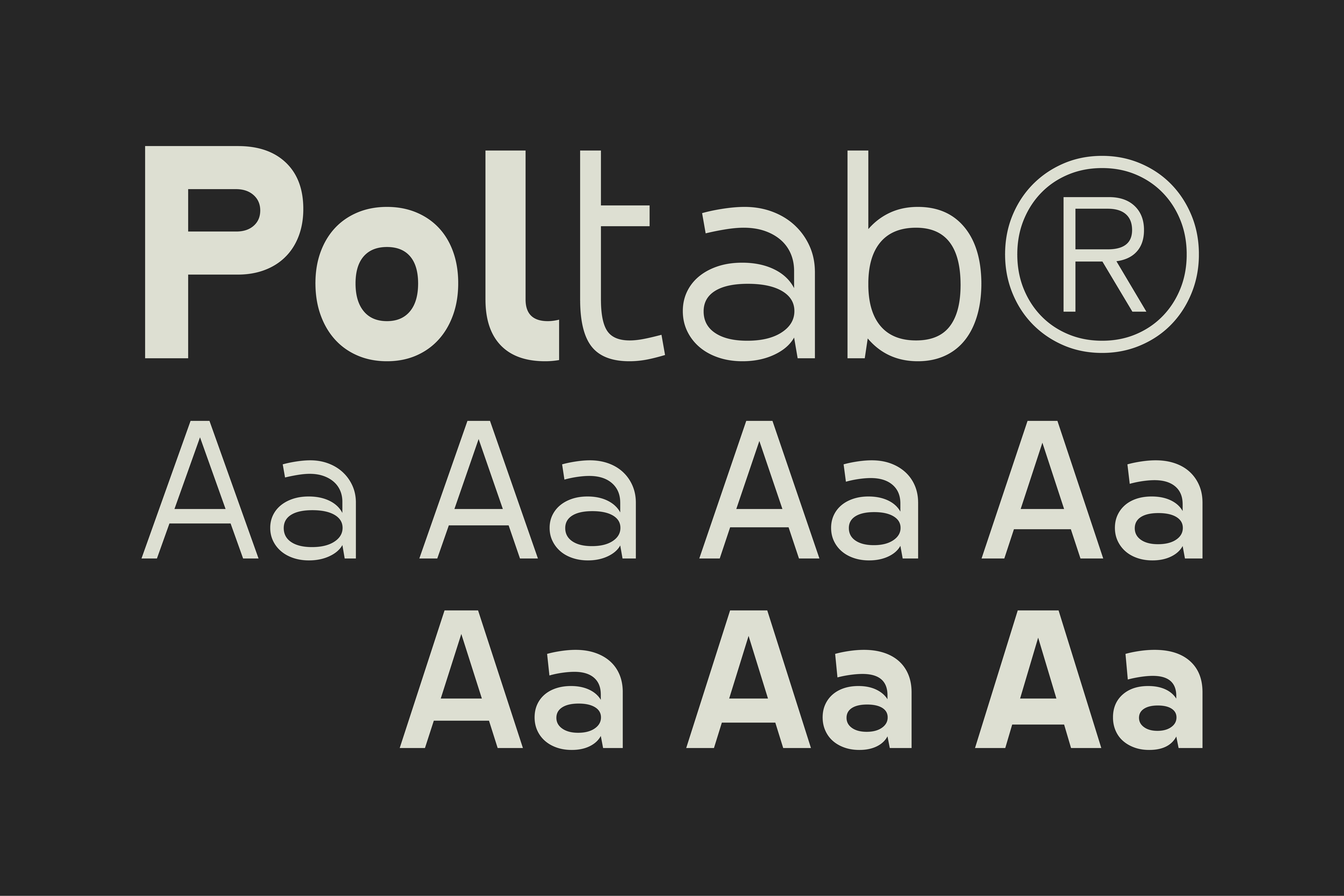 Modern sans-serif typeface Poltab displayed on black background showcasing letterforms and styles perfect for graphic design typography font selection