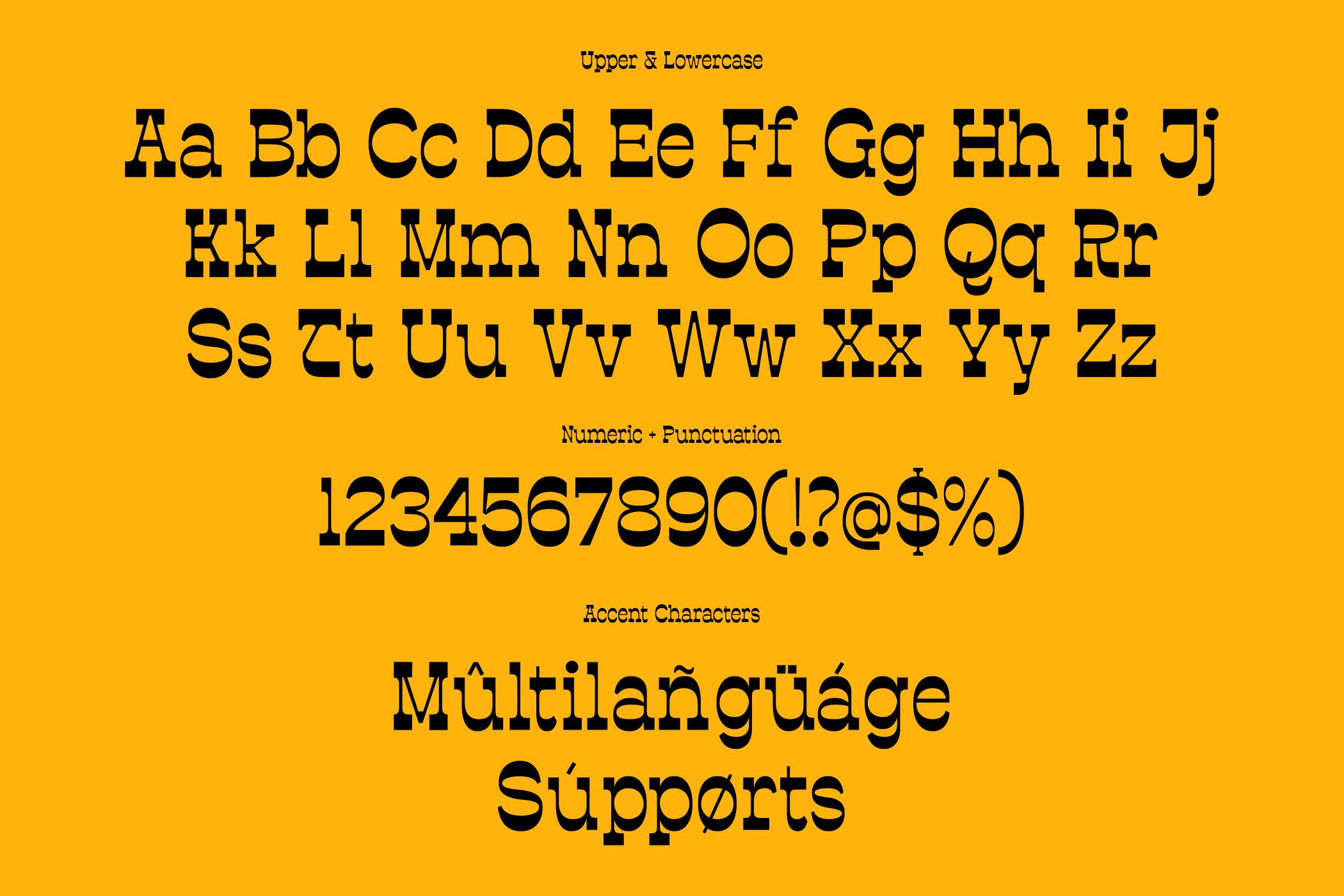 Serif typeface alphabet numbers accents multilanguage yellow background