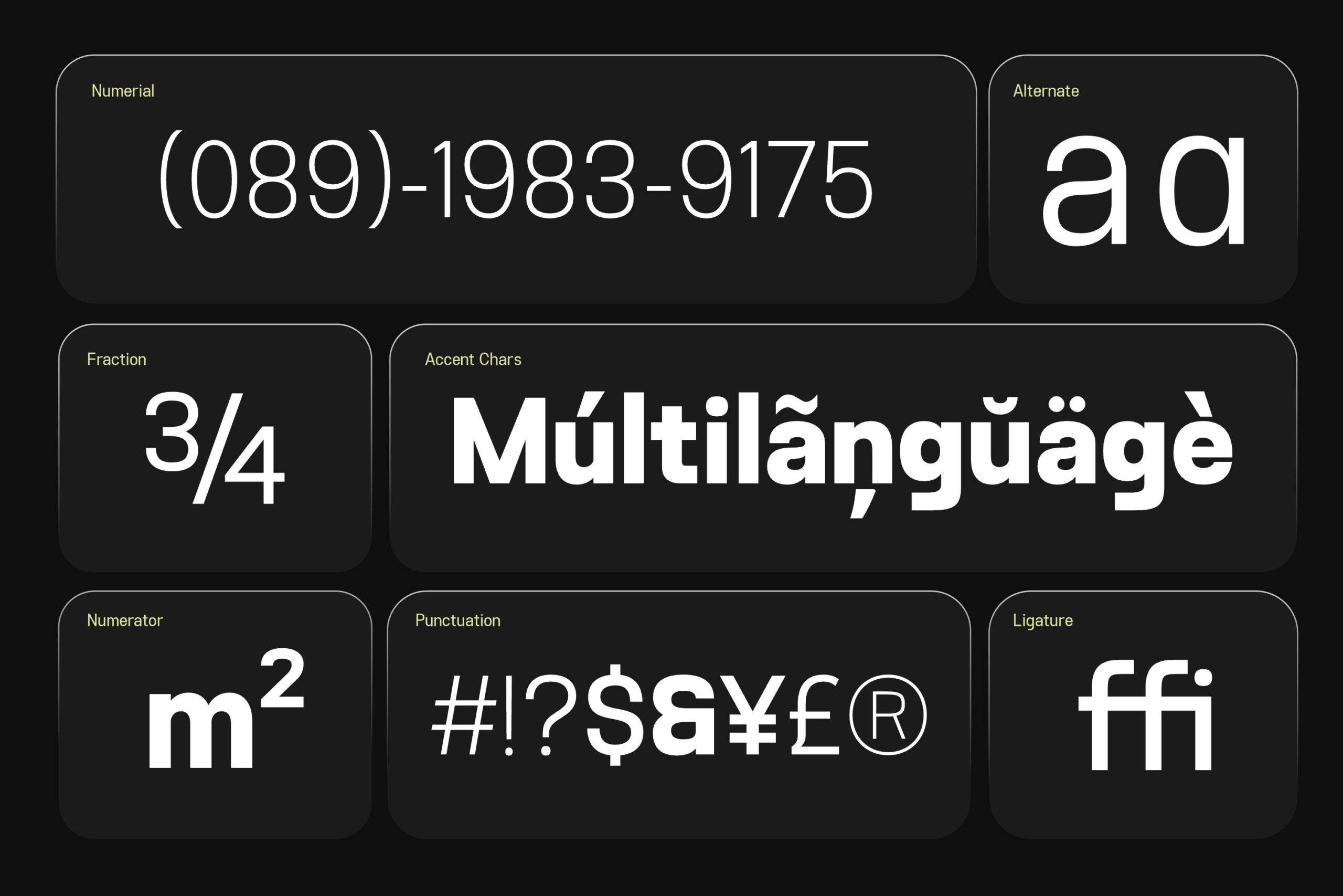 Font feature showcase displaying numerals, fractions, accents, multilingual characters