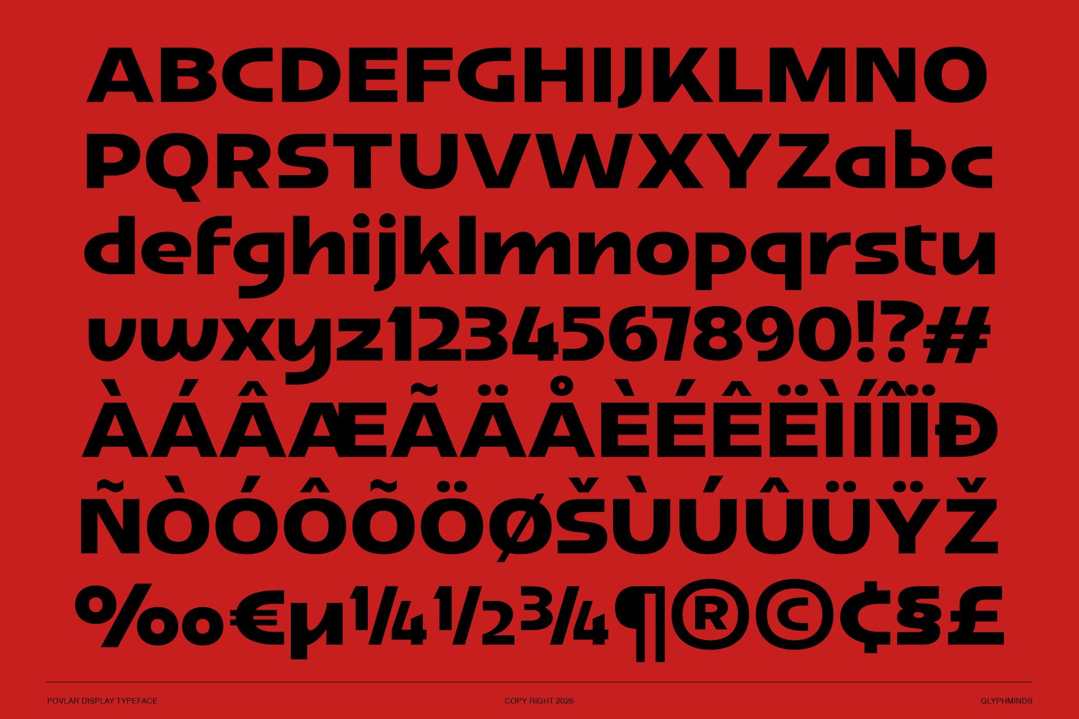 Poular display typeface showing full character set including accents on red background