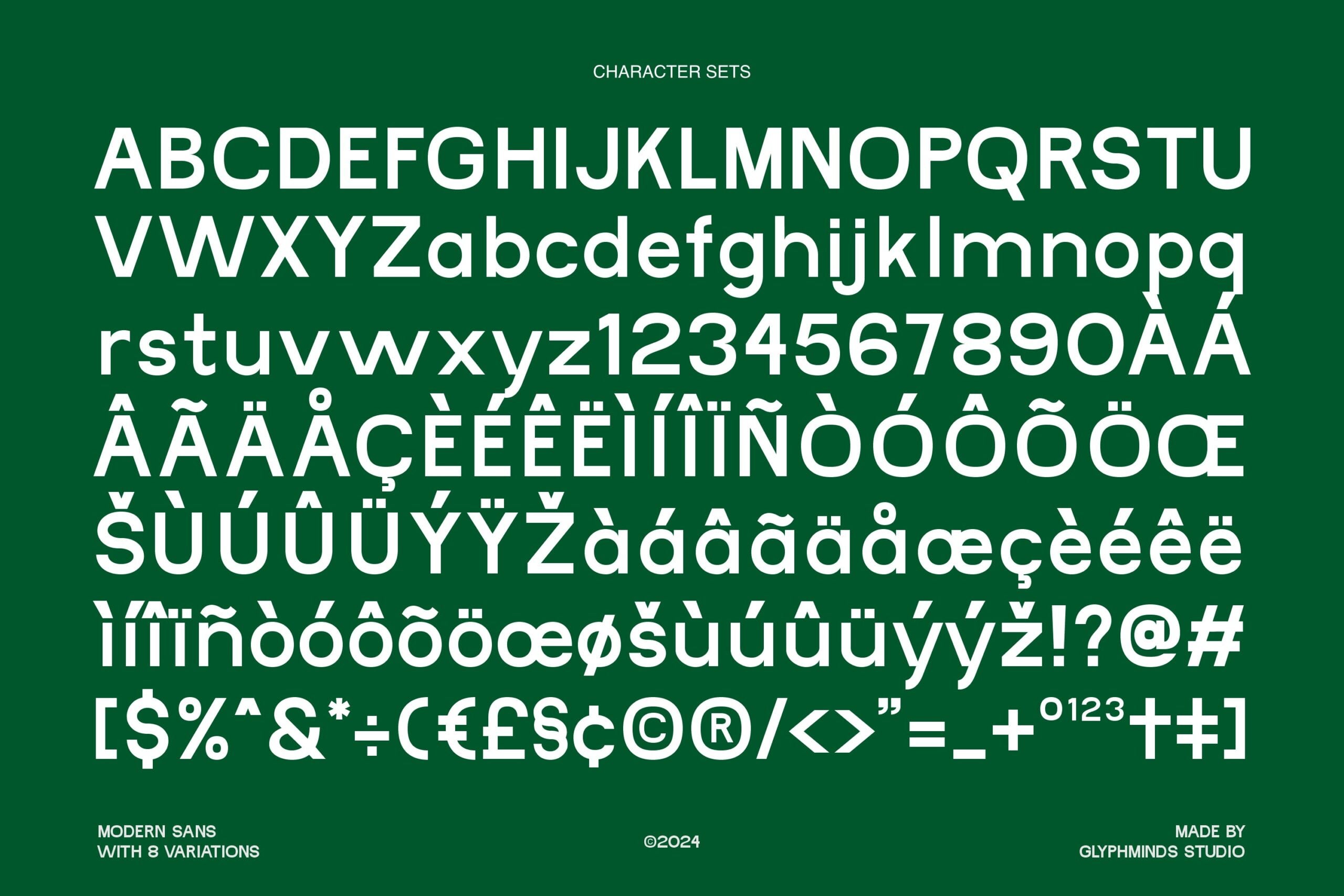 Full character set showing uppercase, lowercase, numbers, accented letters, symbols on dark green background