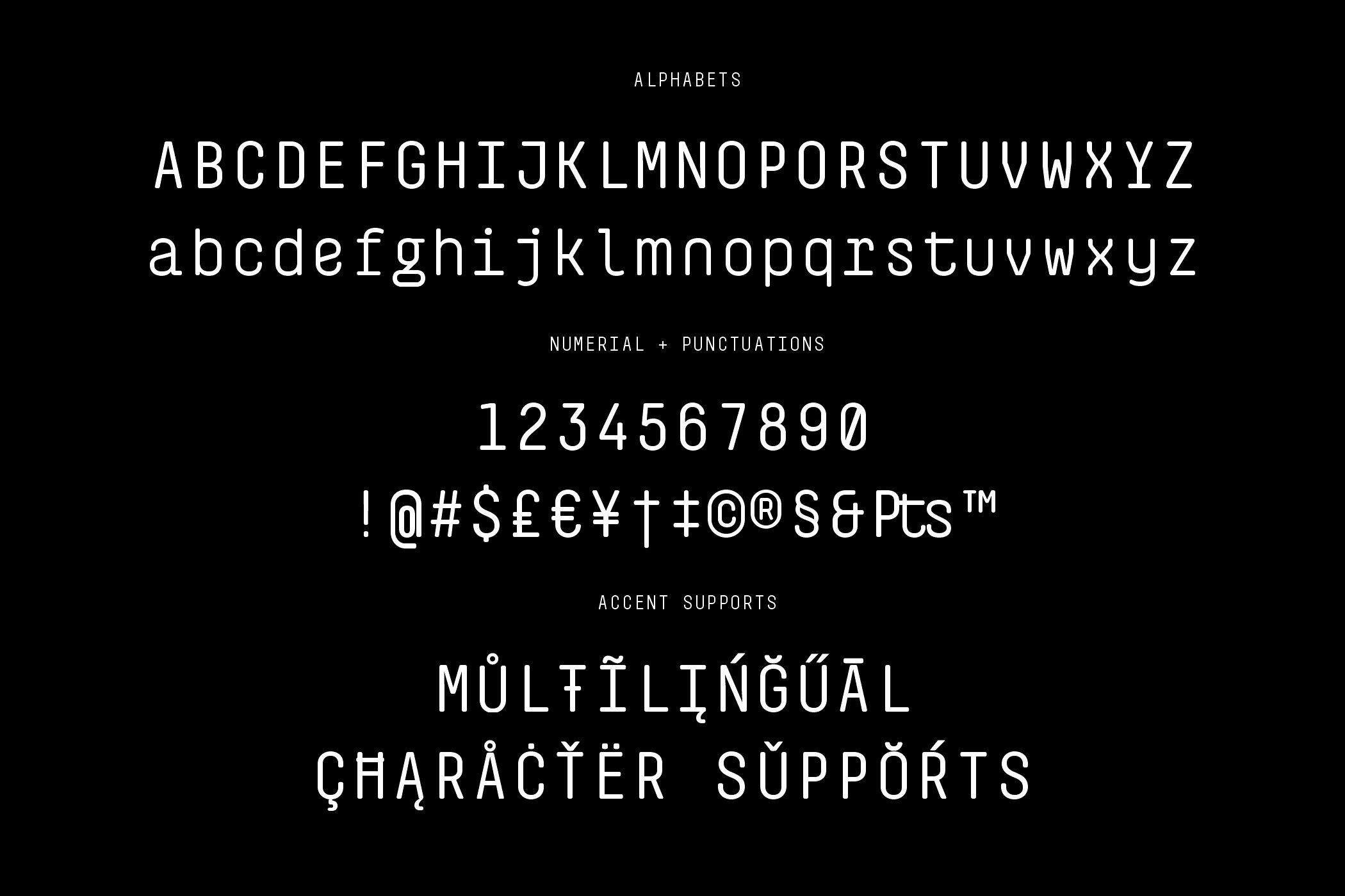 Monofrik font showing uppercase, lowercase, numbers, symbols with multilingual character support