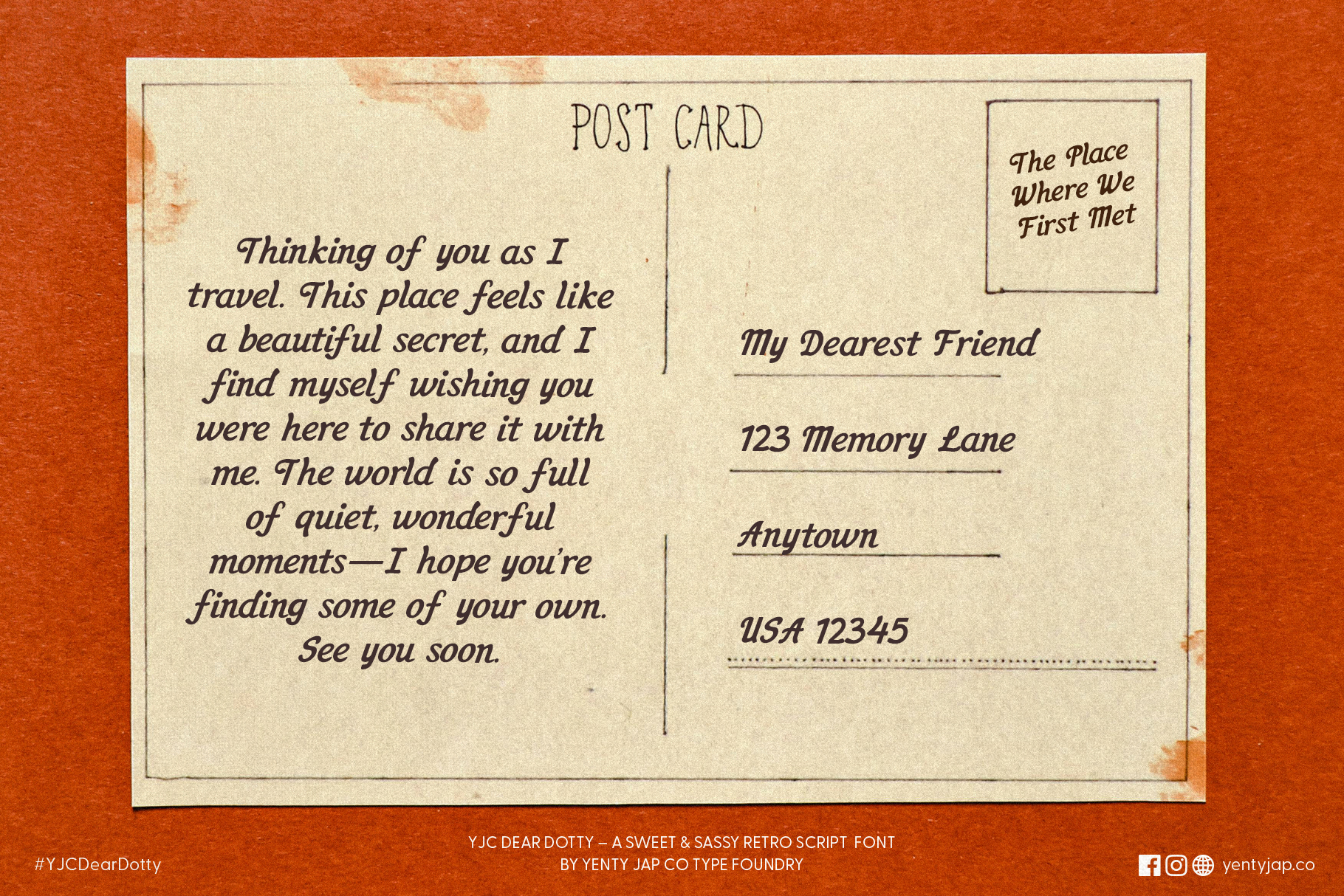 Vintage postcard mockup with Dear Dotty script font, cream paper on orange backdrop