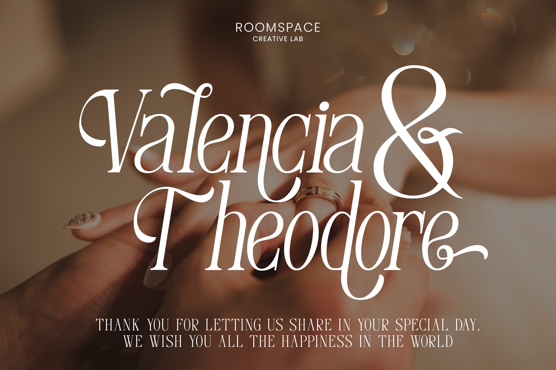 Valencia Theodora serif font on blurred wedding ring hands background