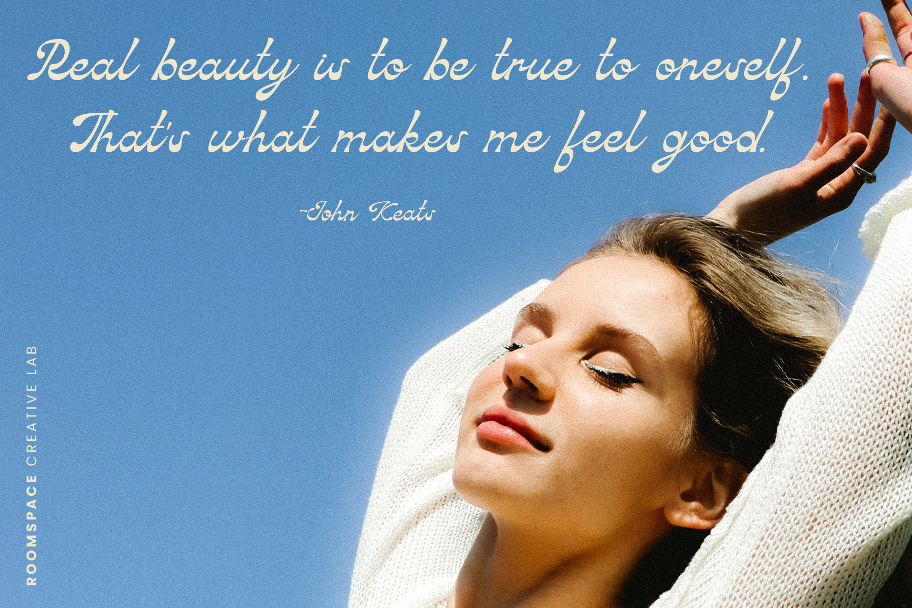 Woman in white sweater against blue sky with John Keats quote overlay