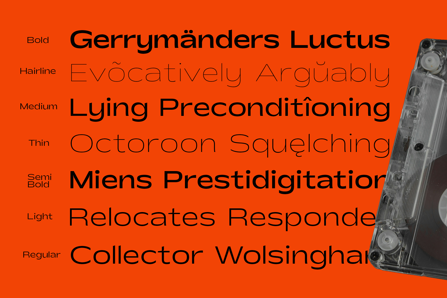 Bright orange background displaying Gerrymanders Luctus typeface with multiple weight variations, gray cassette tape visual