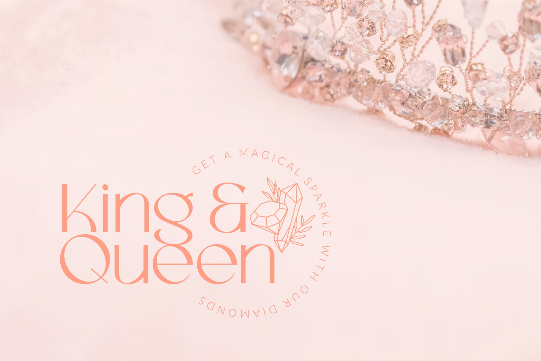 King a Queen logo with crystal crown icon on blush background texture