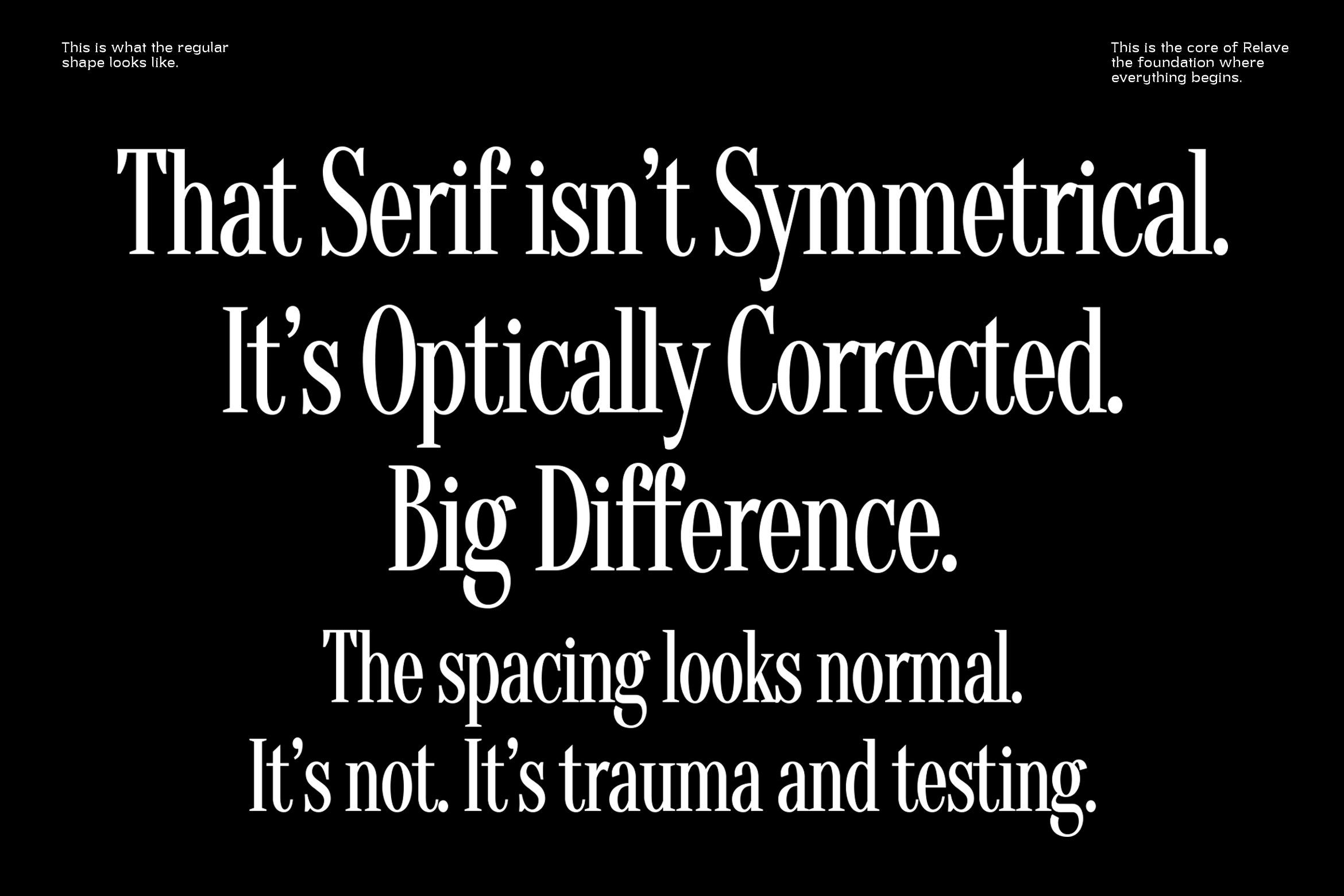 White serif type specimen on black showing optical corrections in typography