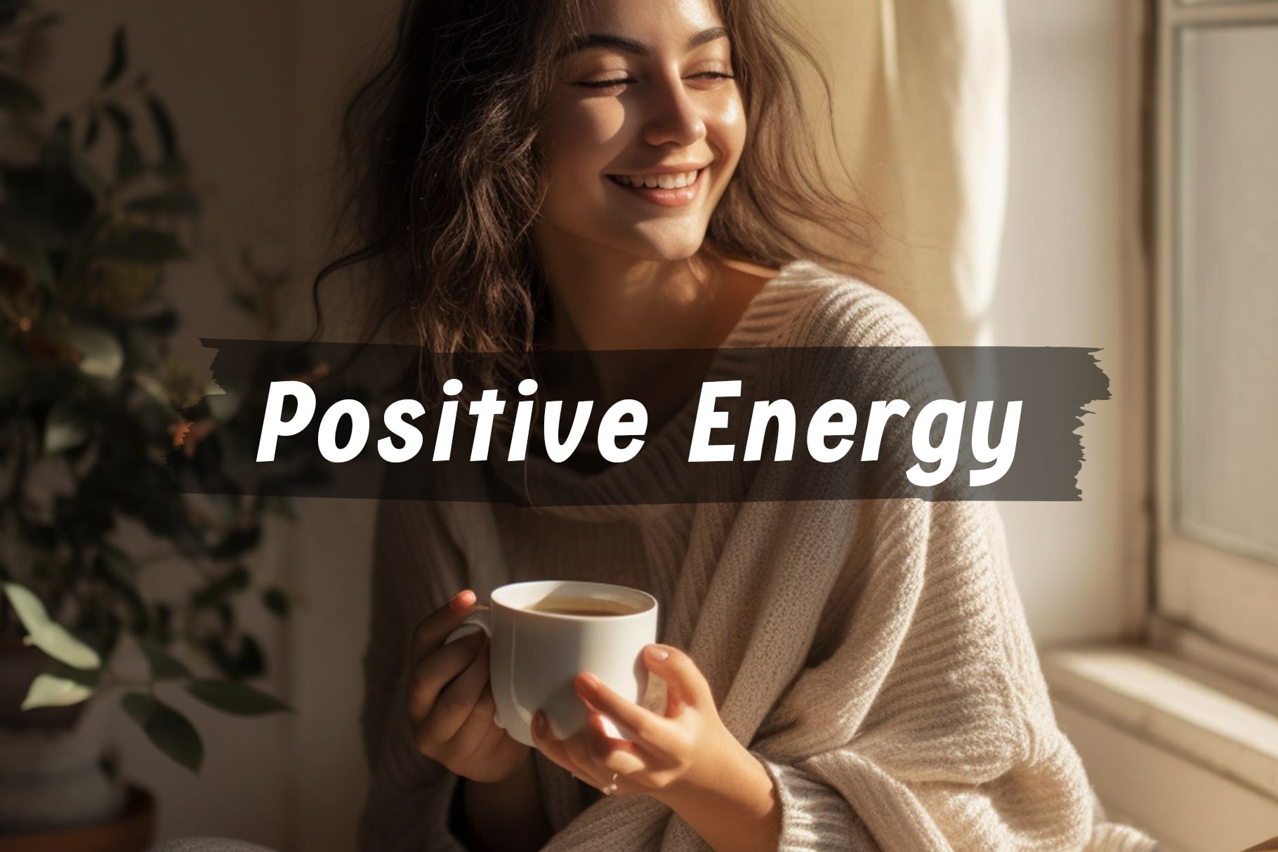 Smiling woman holding coffee mug with Positive Energy text overlay in sunny room