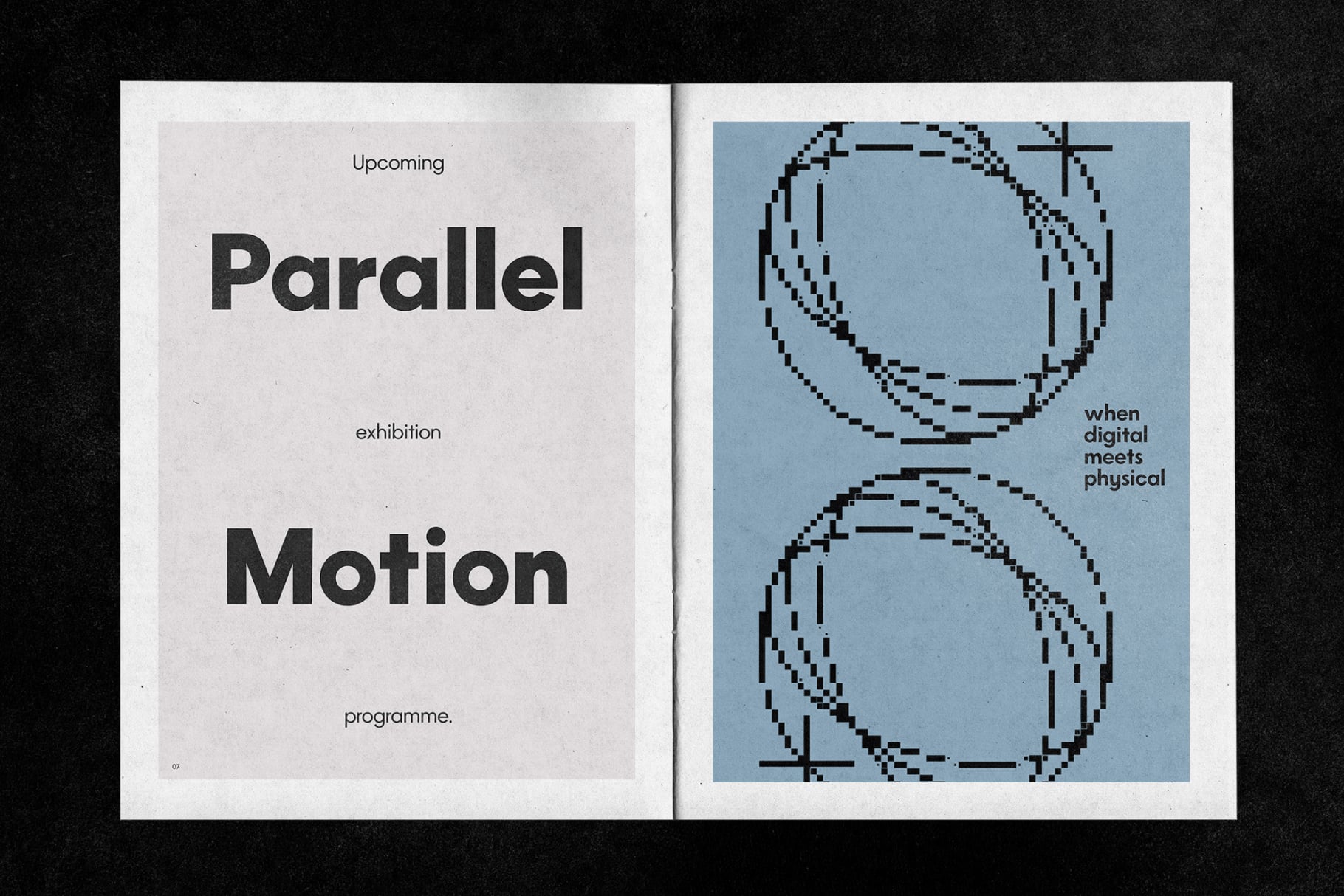 Parallel Motion exhibition programme spread with pixelated graphics