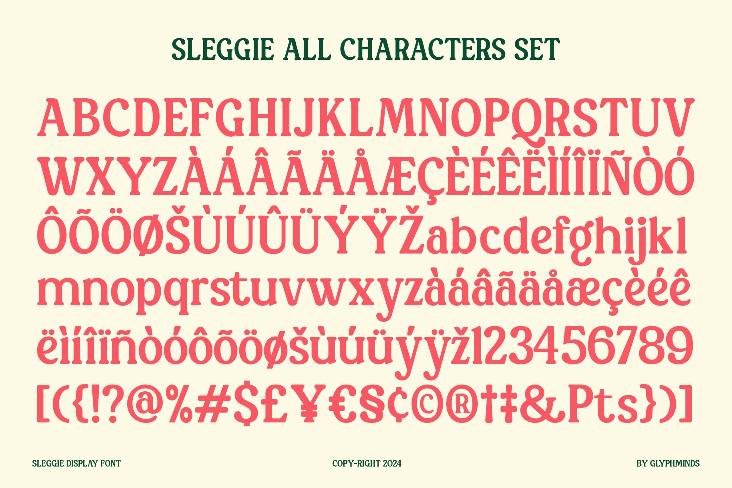 Sleggie font showing uppercase, lowercase, numbers plus accented characters