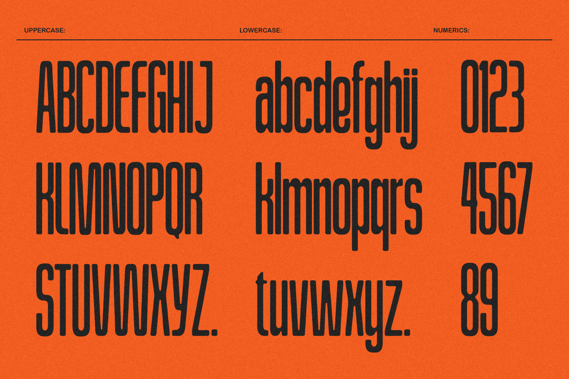Bold elongated font set in uppercase lowercase and numerics on orange background perfect for designers seeking stylish typography templates.