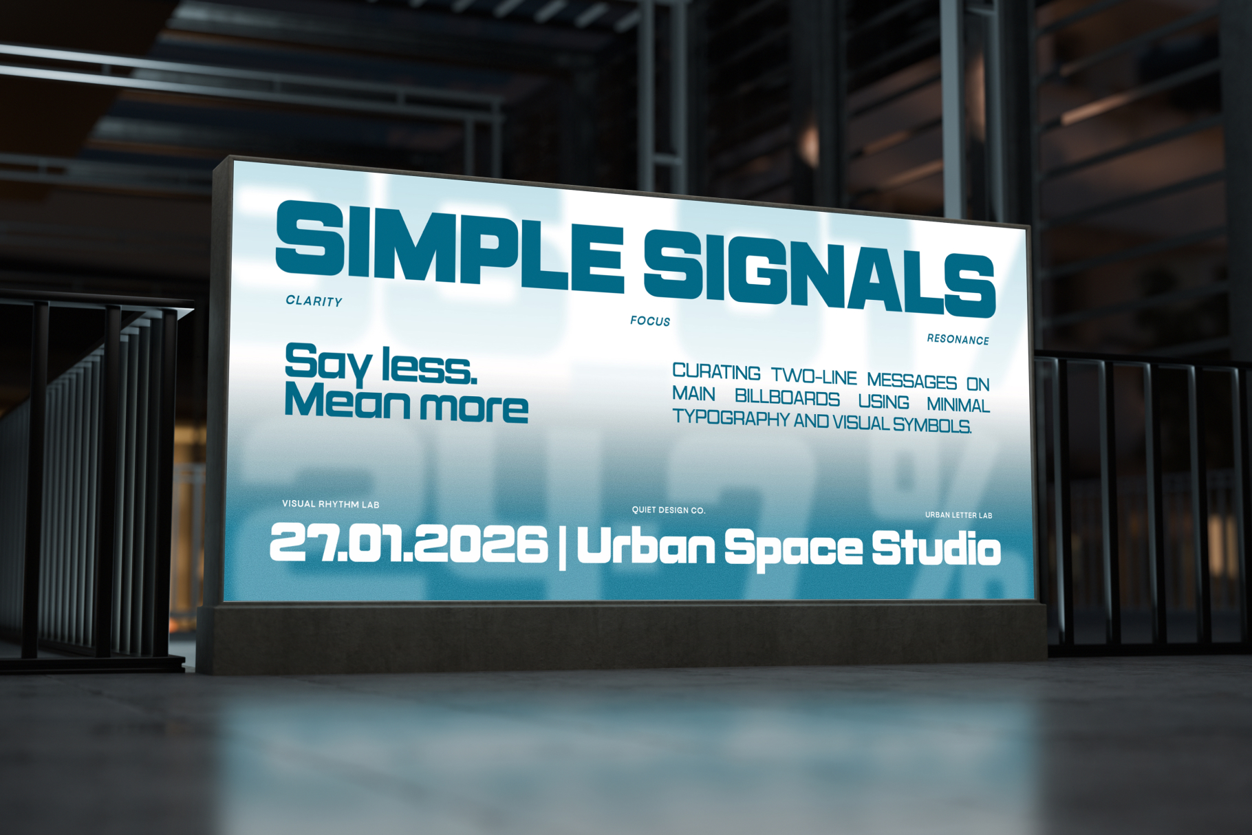Modern billboard mockup with teal typography on light background in urban space