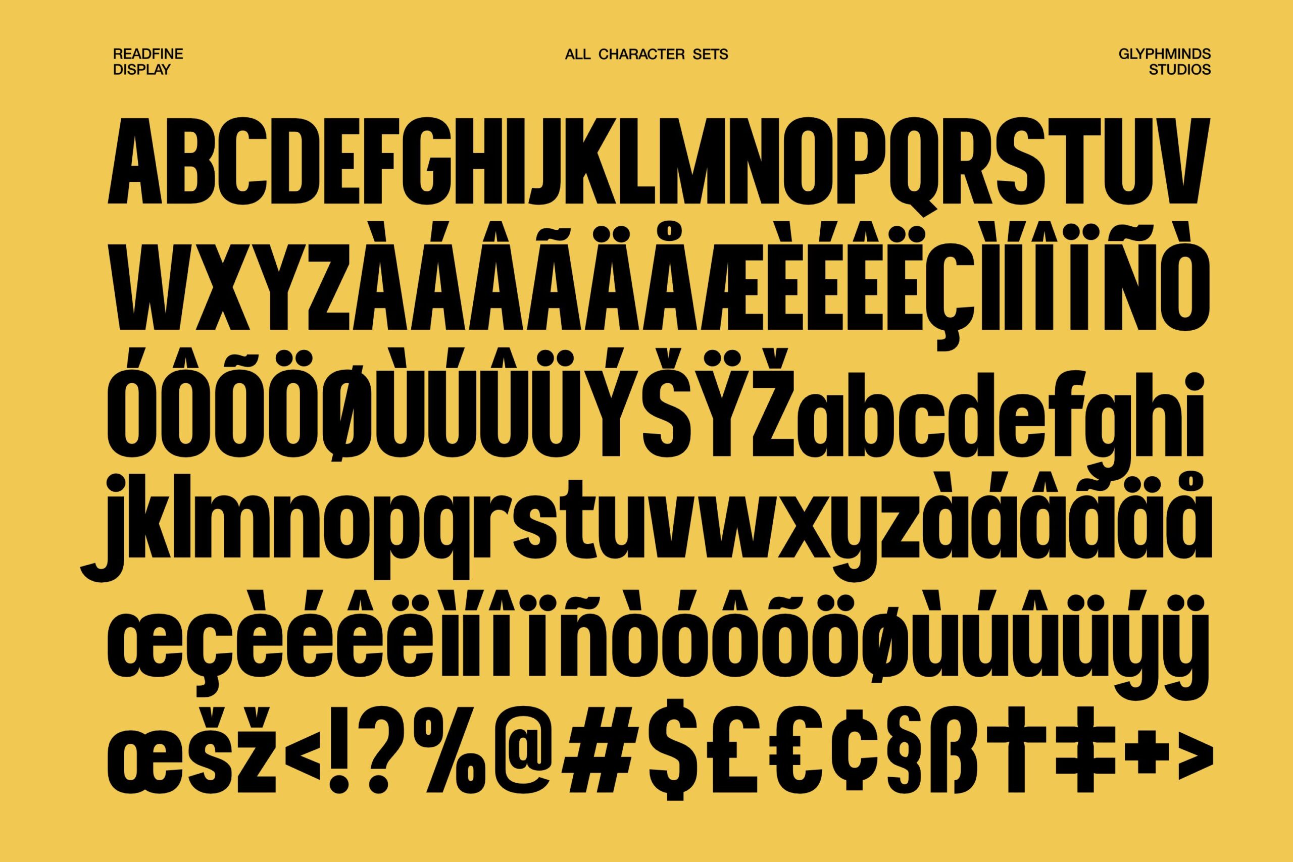 Readfine full character set showing all letters numbers symbols on yellow