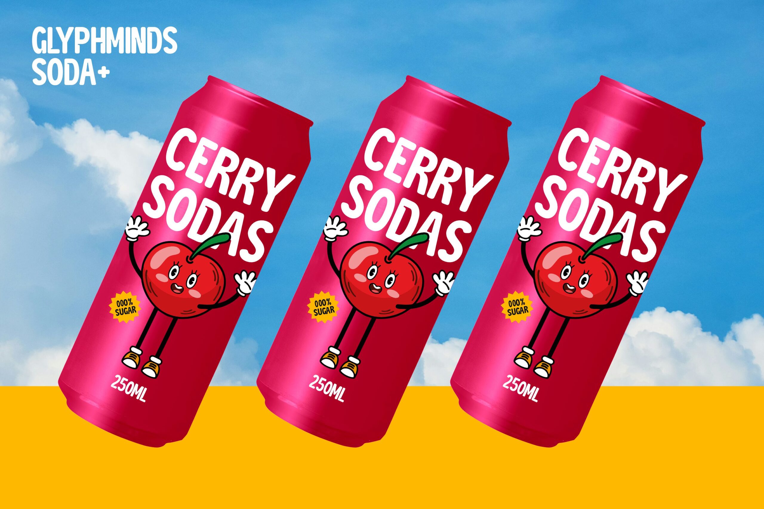 Three bright pink soda cans with cherry cartoon character on sky background