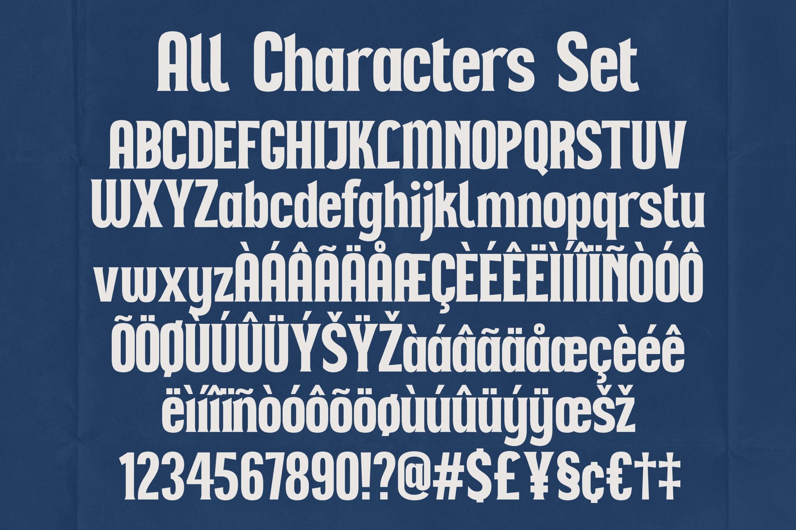 Complete character set with accented letters, numbers, punctuation on navy