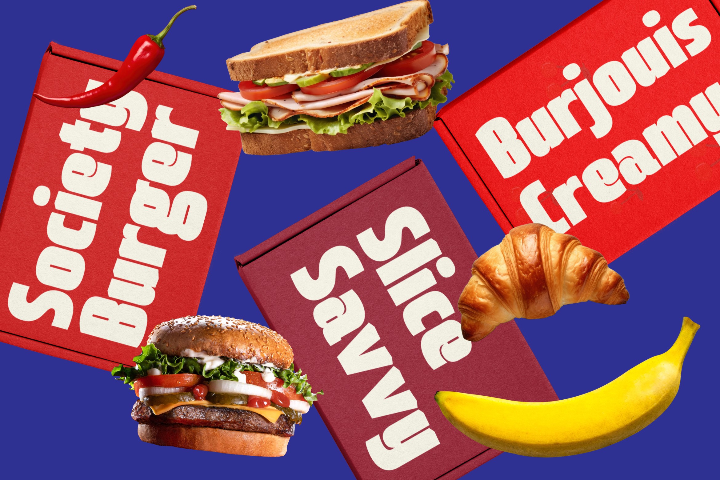 Food pricing cards with burger, sandwich, croissant on split red blue background