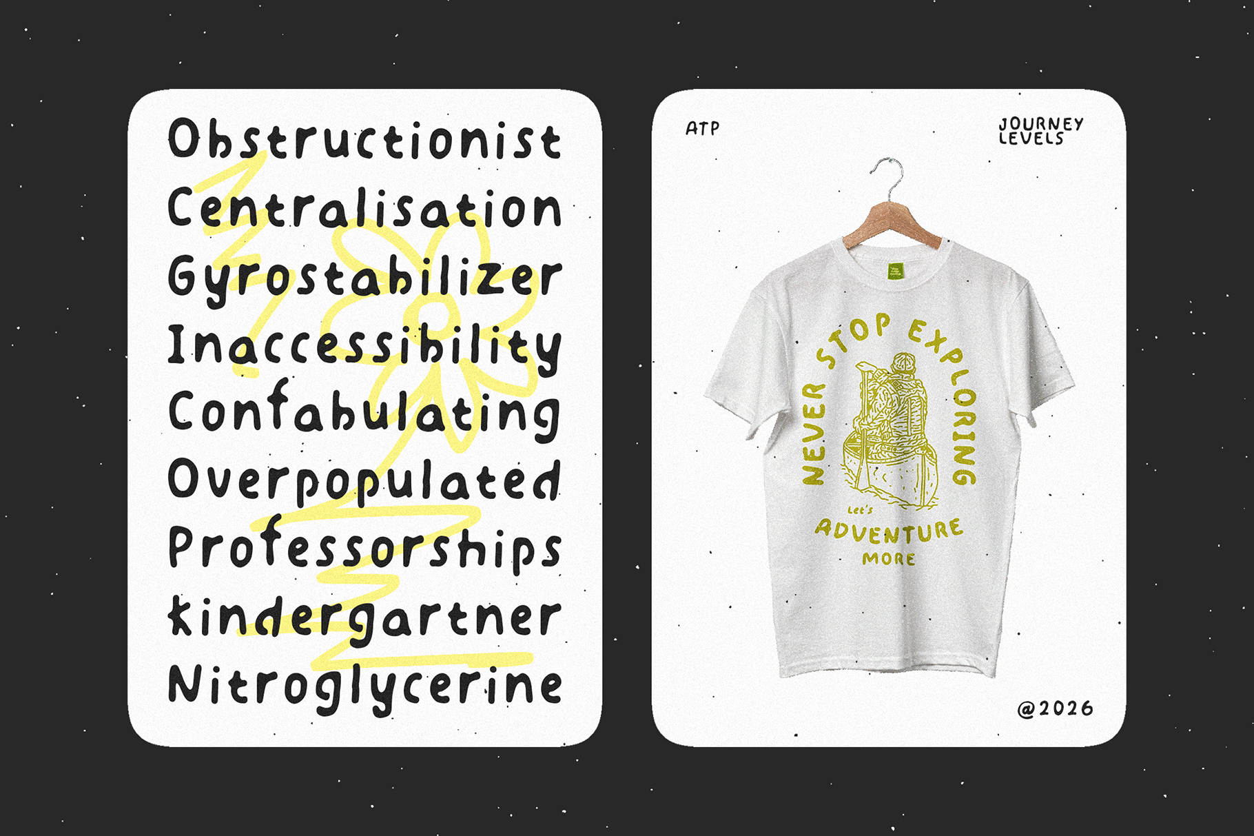 T-shirt mockup with yellow text design next to card showing yellow highlight strokes
