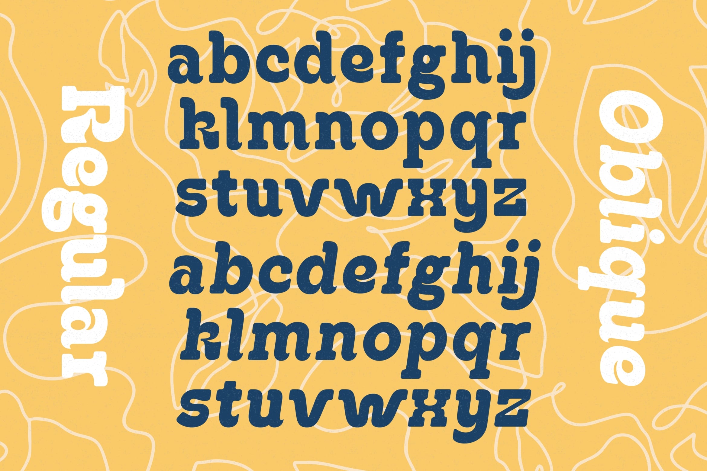 Navy serif font specimen on yellow background with wavy line pattern borders