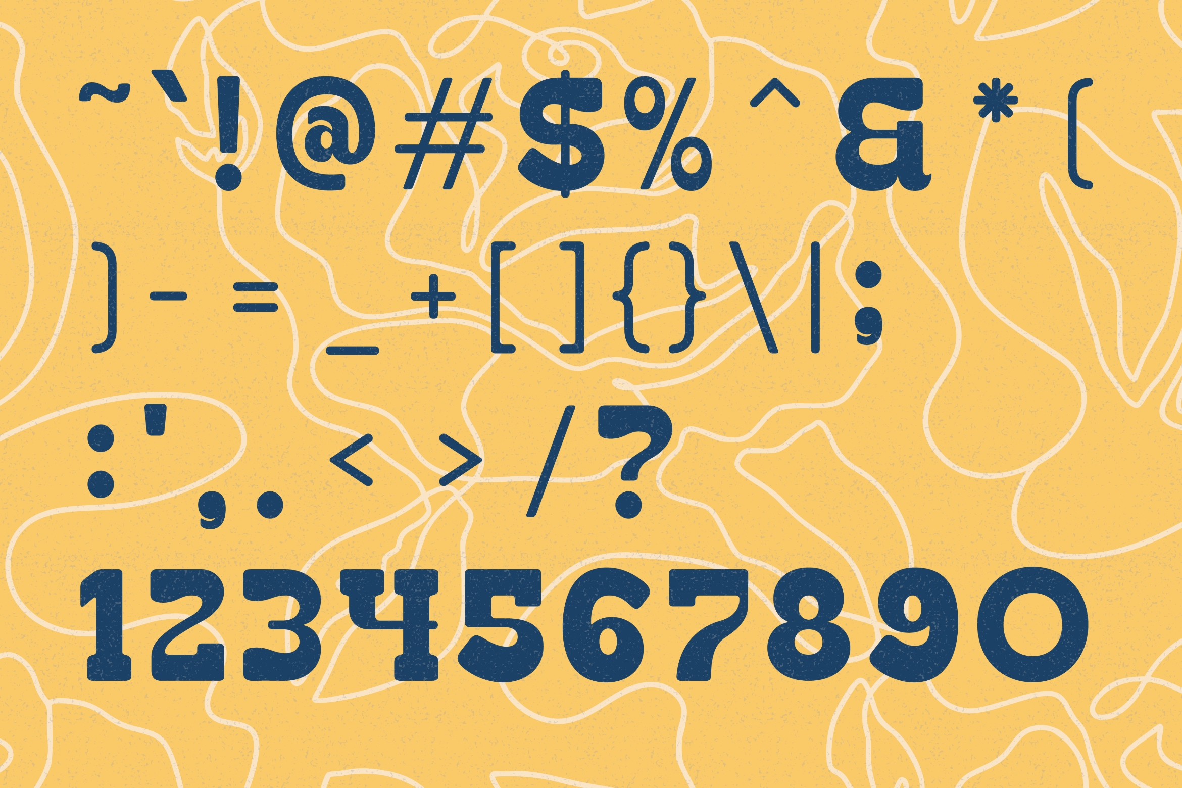 Yellow background with navy serif typeface showing symbols, punctuation, numbers