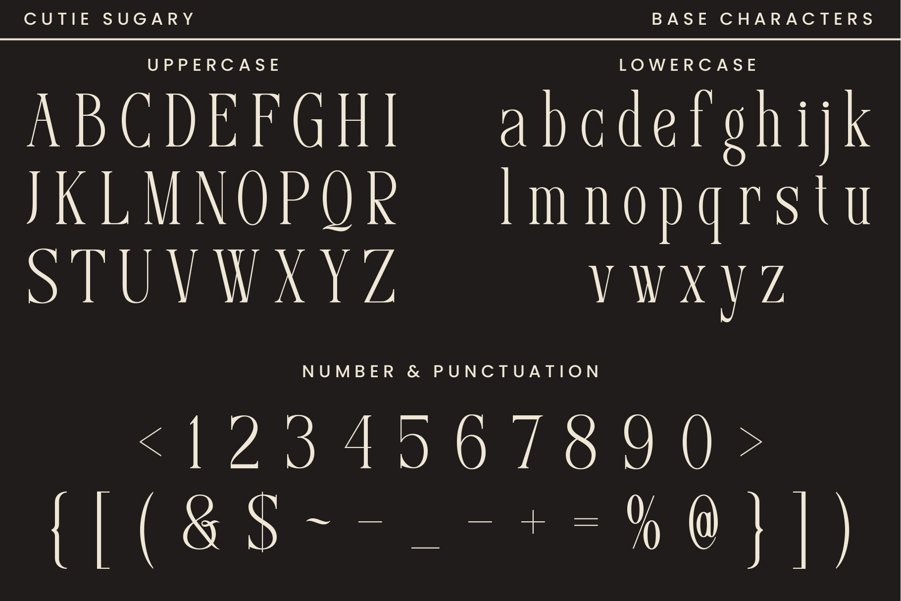 Cutie Sugary font base characters, numbers, punctuation marks on dark background