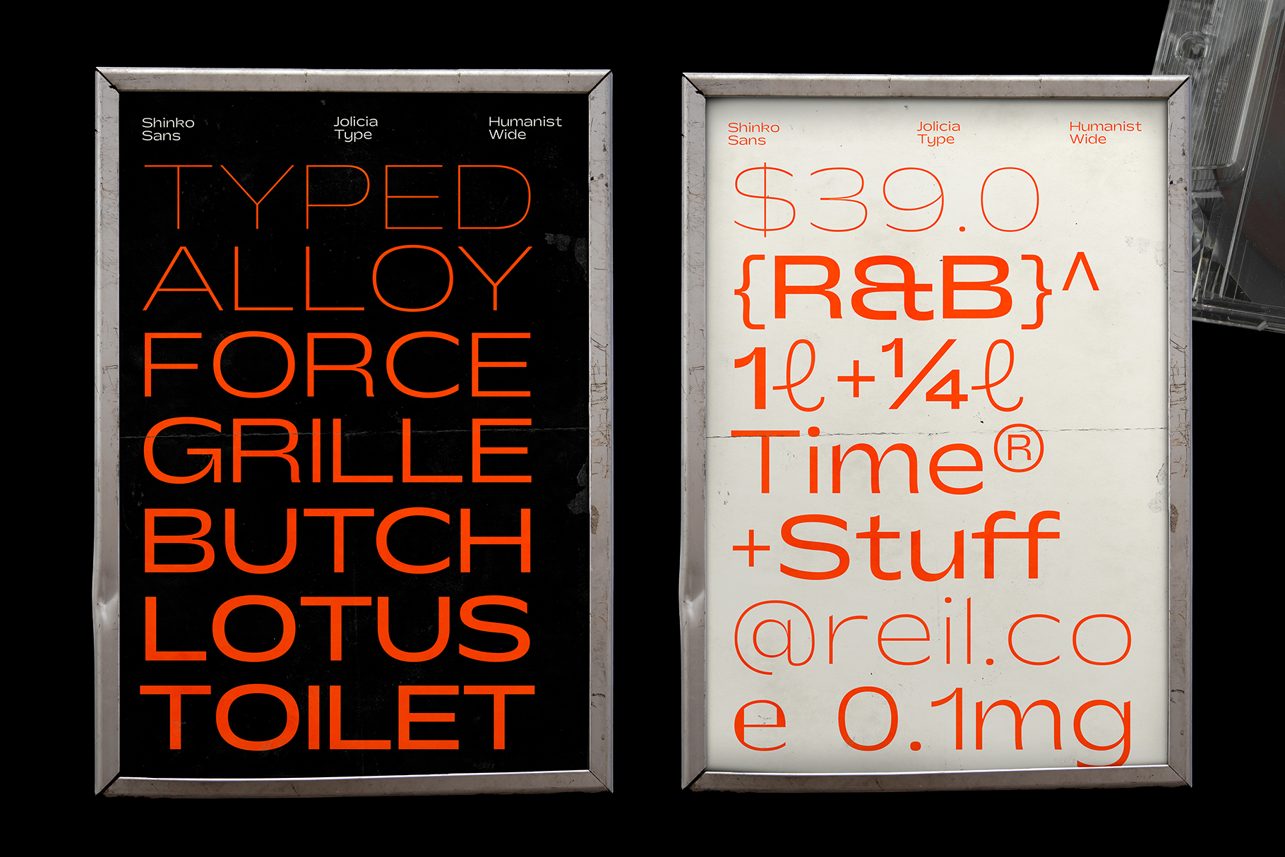 Two side-by-side lightbox frames showing neon orange typography with Shinko Sans, Jolicia Type, Humanist Wide font samples