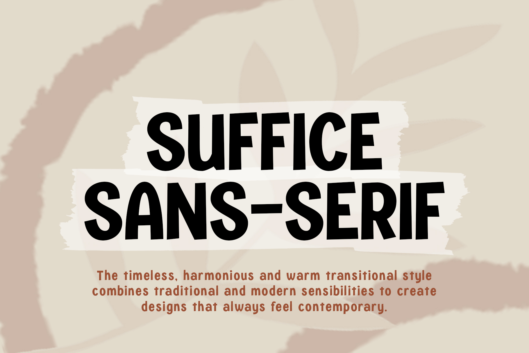 Suffice Sans Serif font title with description text over abstract watercolor shapes