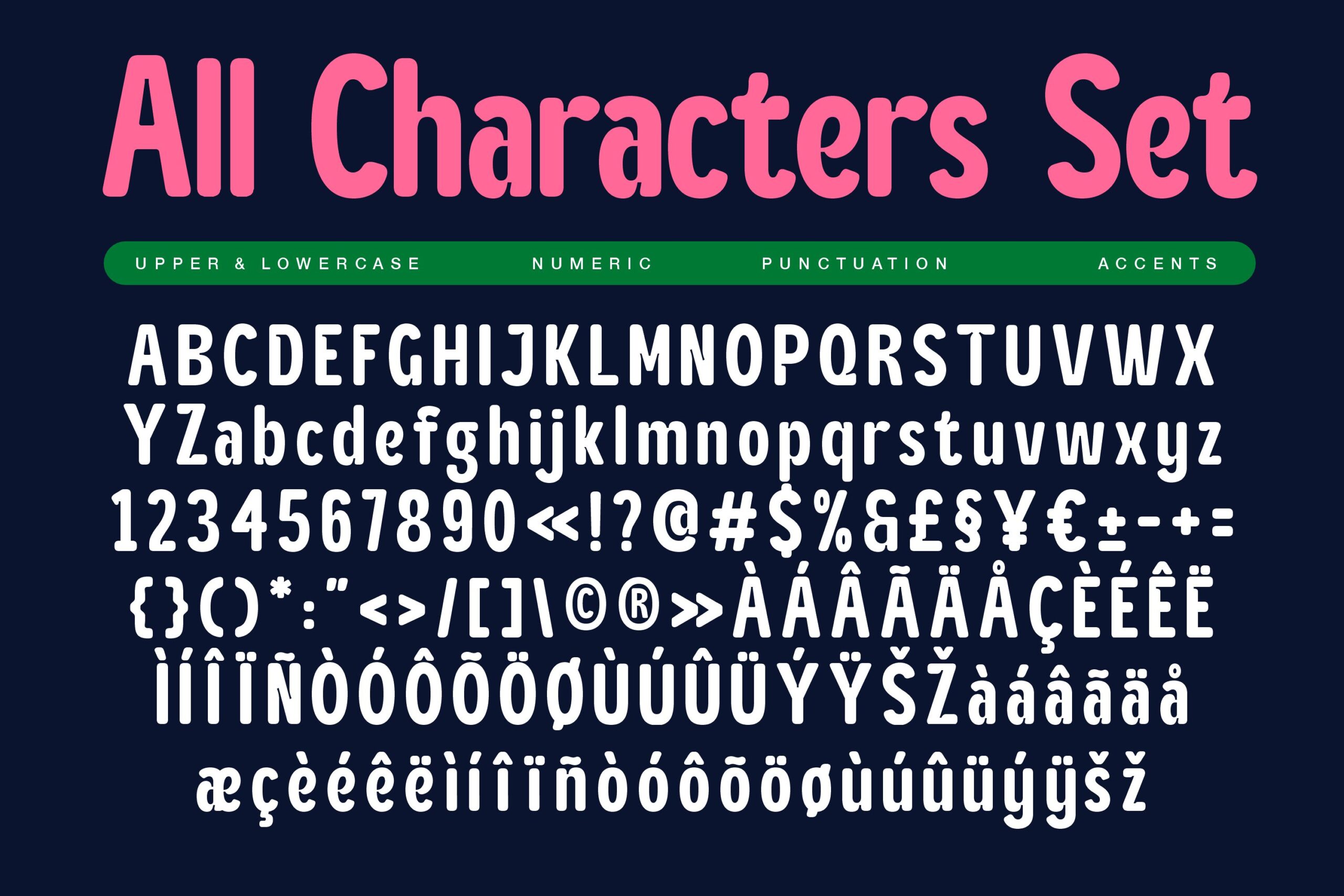 Bold pink typeface showing complete character set with numbers, punctuation, accents