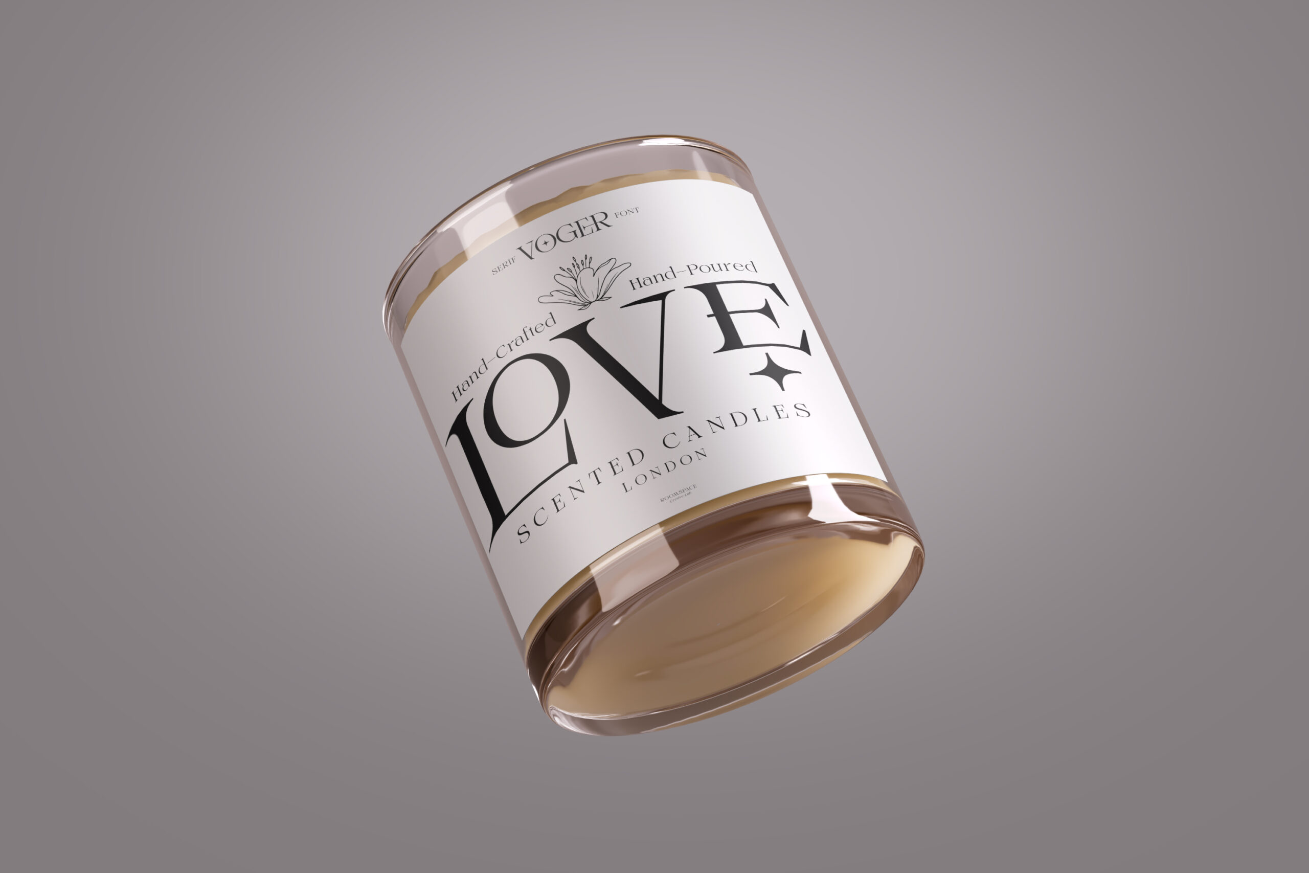 Scented candle jar mockup with Voger Serif branding label design