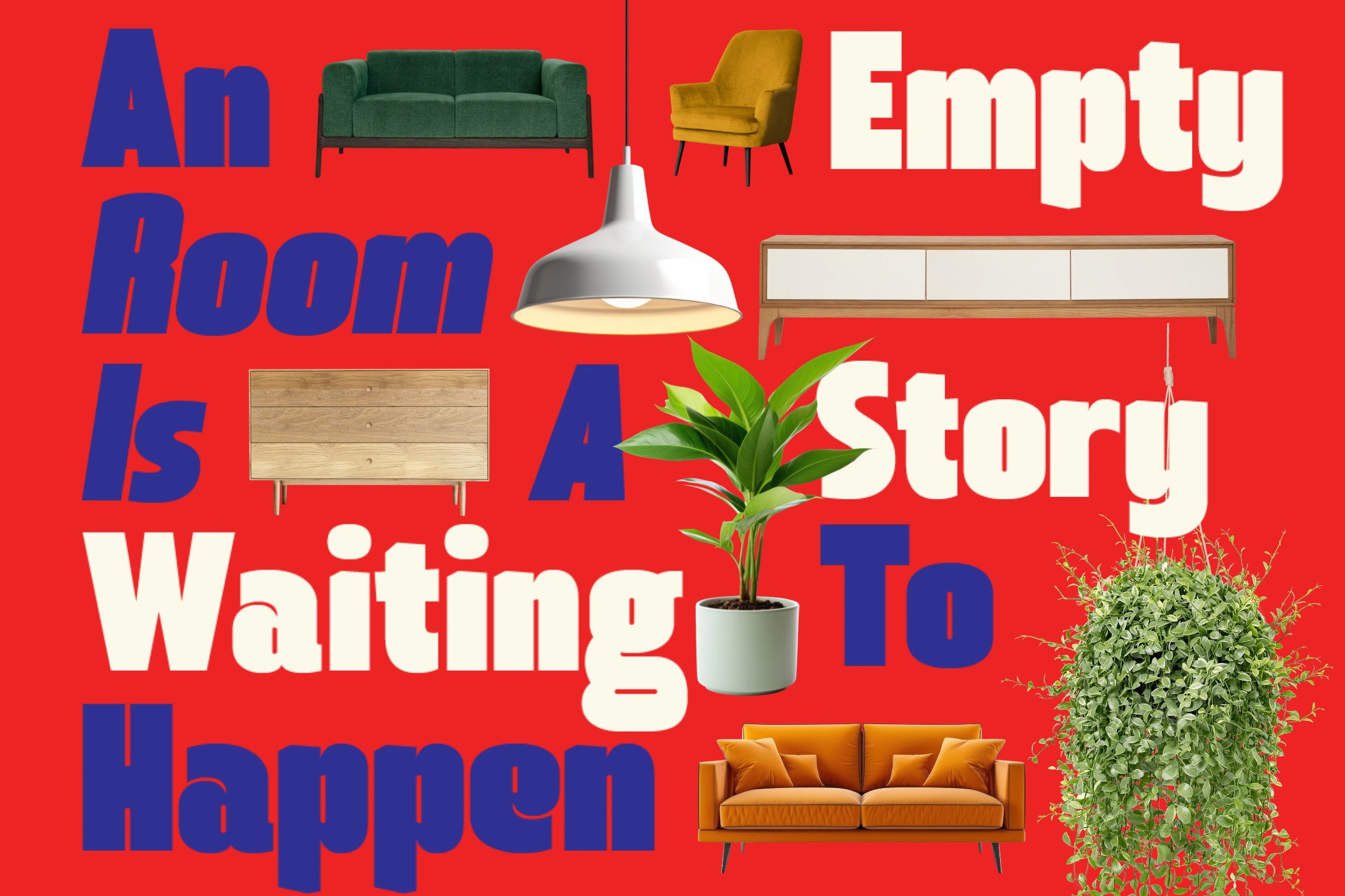 Colorful interior mockup with furniture, plants, pendant light on bright red