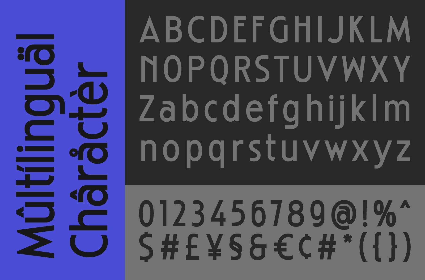 Mithingur Crafter sans serif showing full alphabet numbers symbols on split background