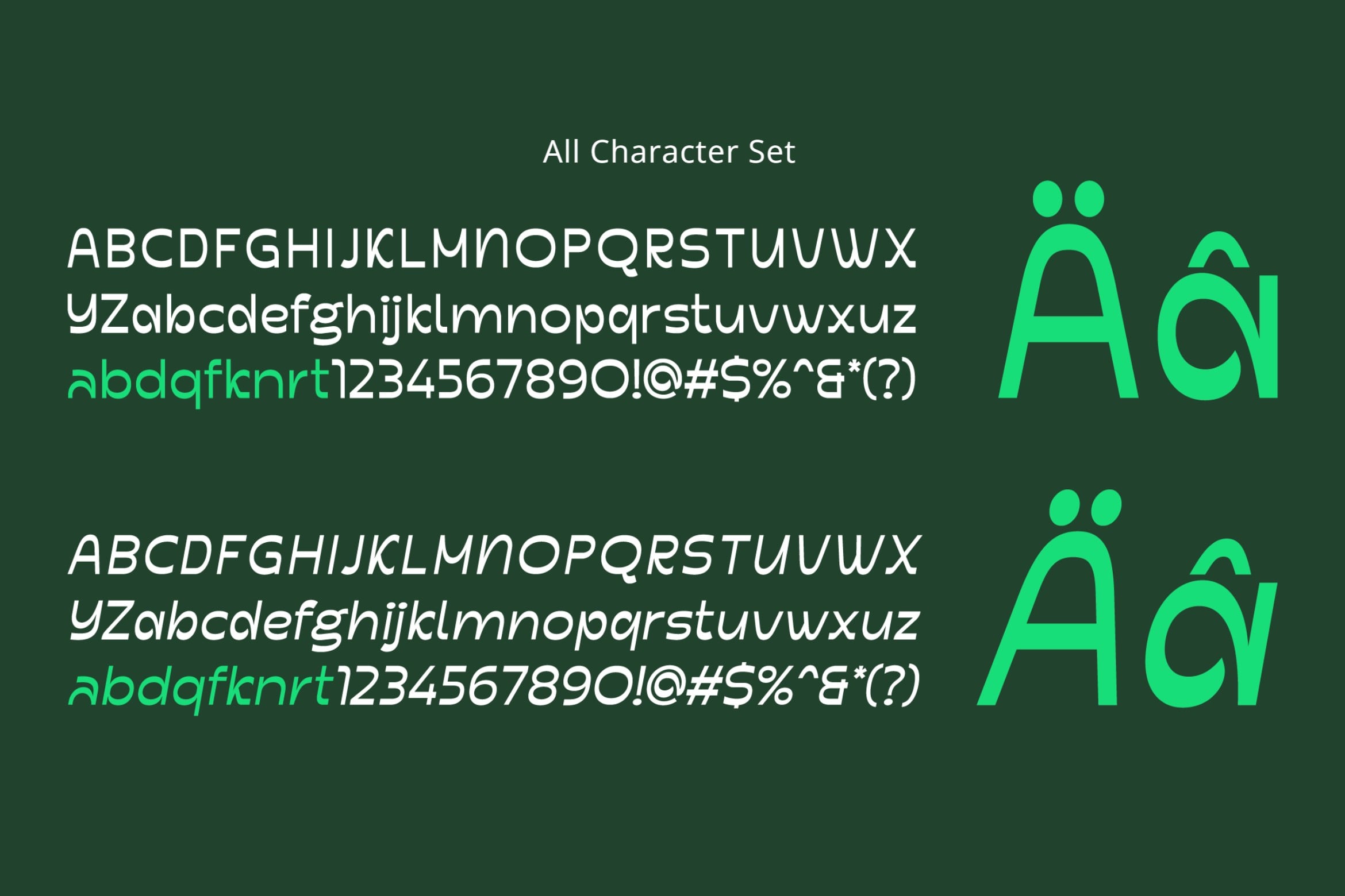 Green background showing complete character set with uppercase, lowercase, numbers, symbols in bright cyan