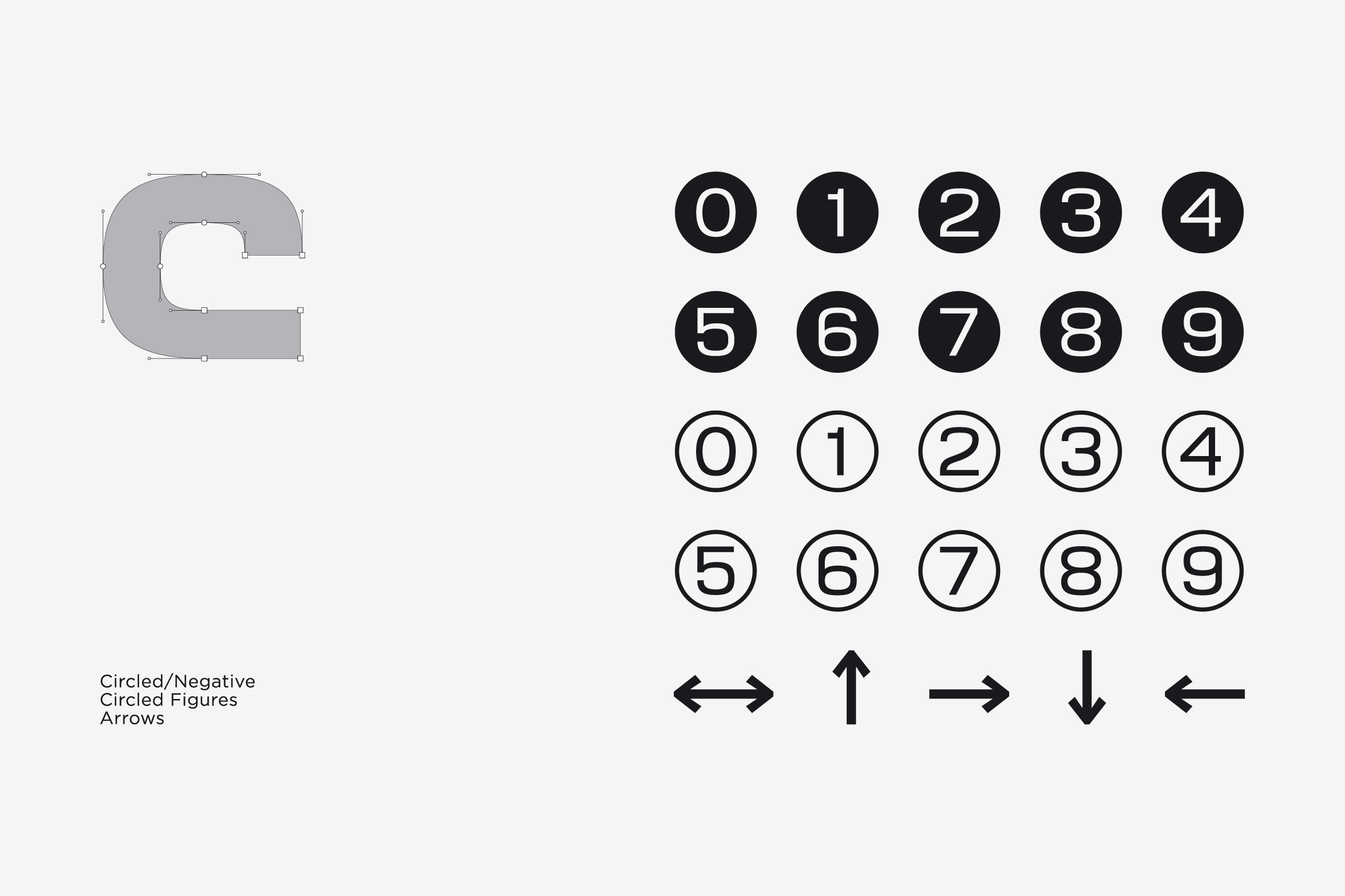 Circled numbers 0-9 with outline versions plus directional arrows