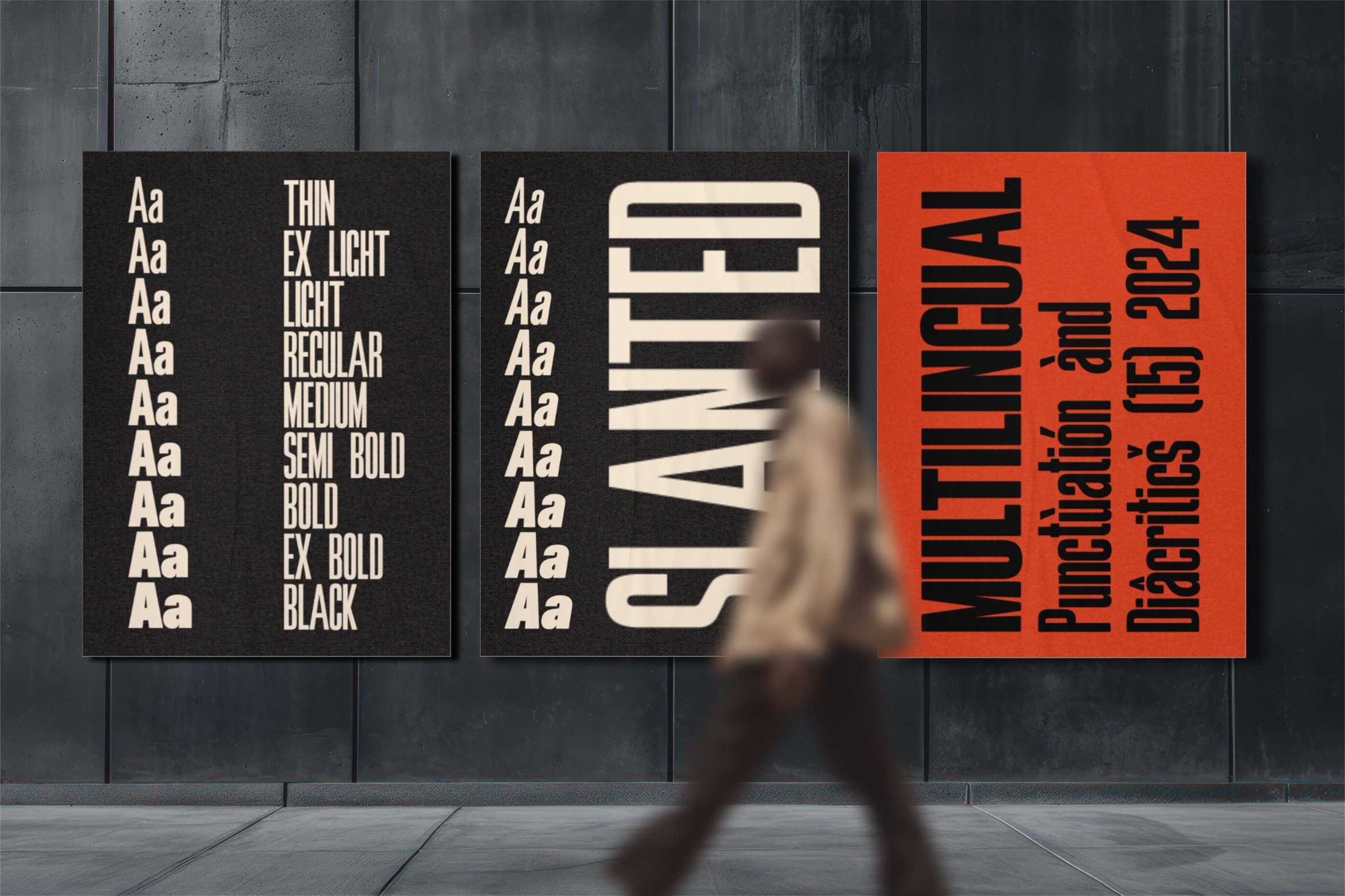 Multilingual font family mockup showing weight variations on concrete wall with blurred figure
