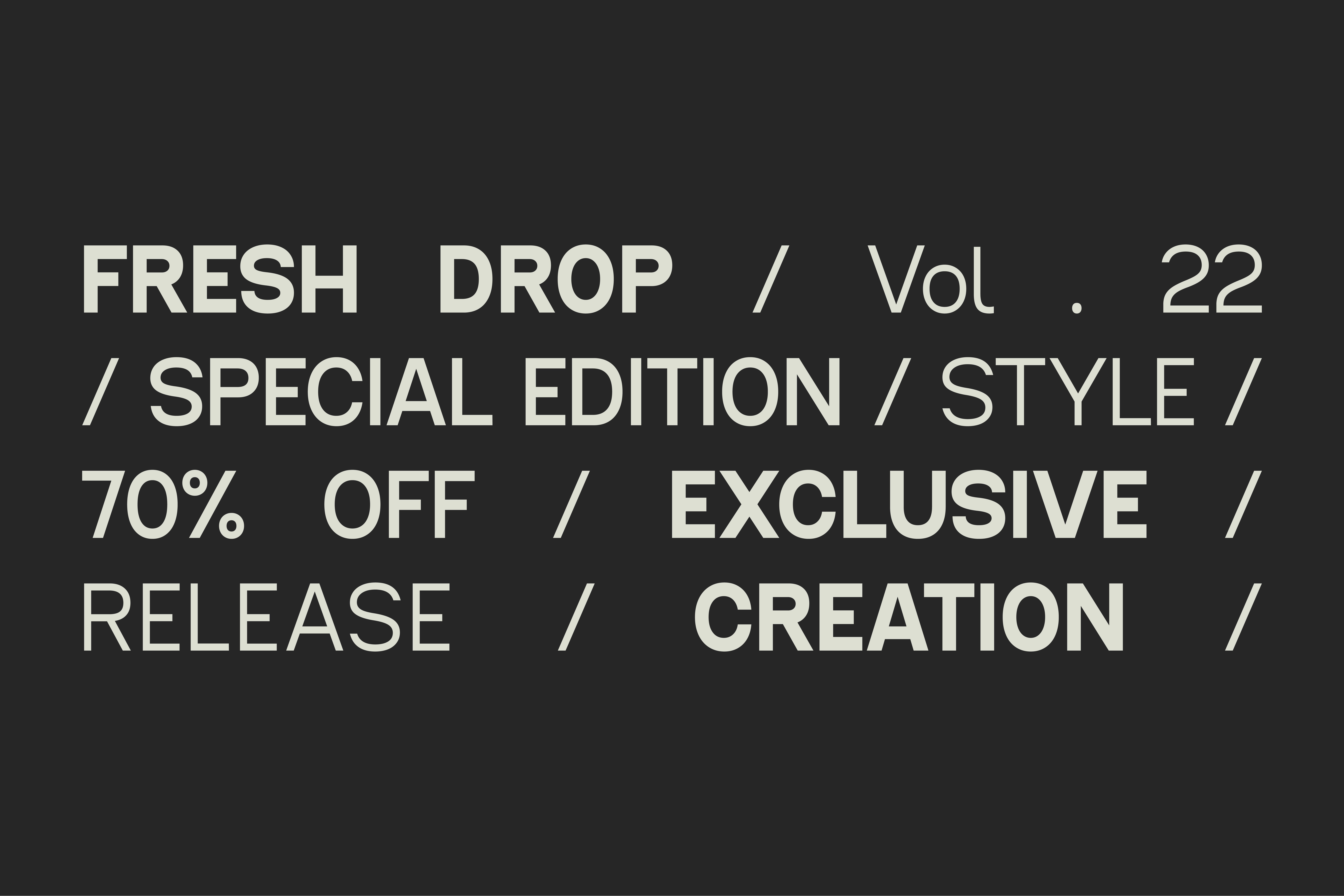 ALT text: Bold text announces Fresh Drop Vol 22 Special Edition with 70 percent off exclusive release. Ideal for designers. Keywords: mockups fonts templates graphics.