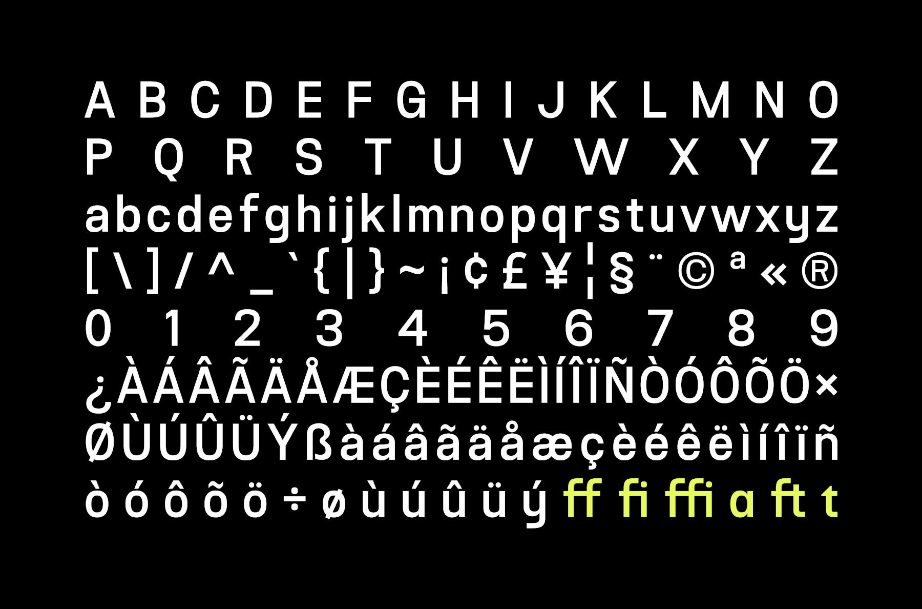 Full character set of modern sans serif font with accents, punctuation, ligatures