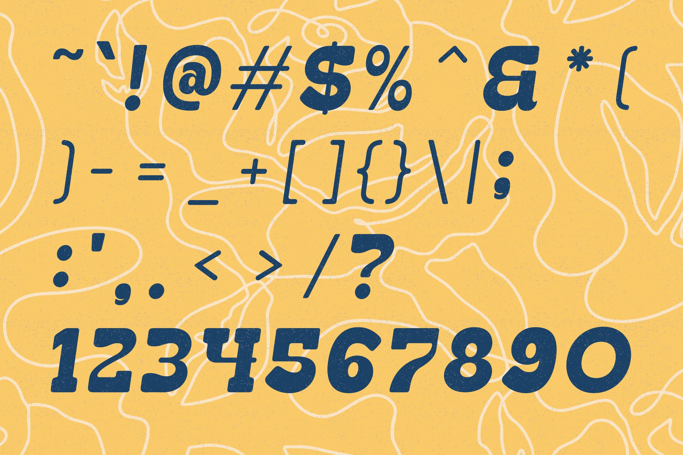 Yellow background with navy serif typeface showing symbols, punctuation, numbers