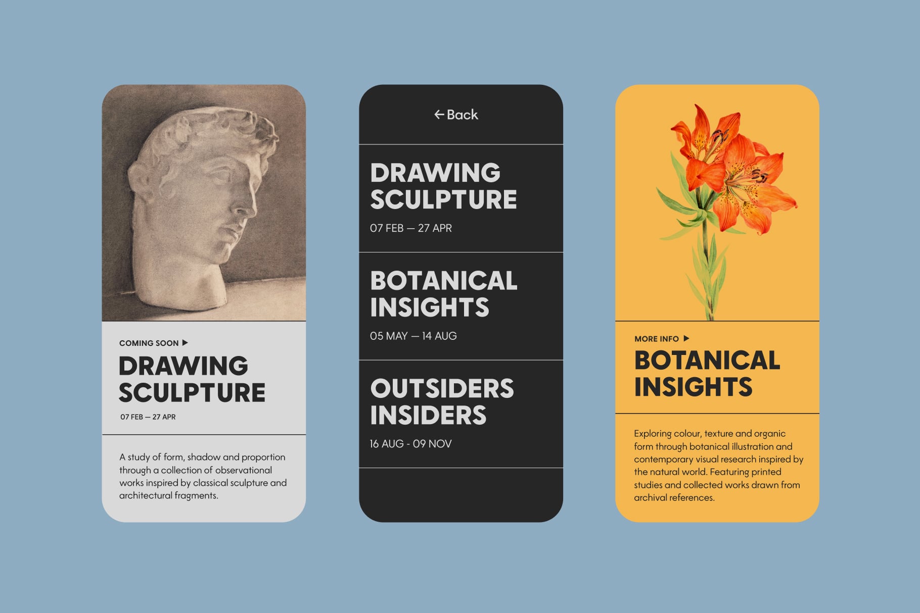 Three mobile app cards for gallery exhibitions with imagery, dates