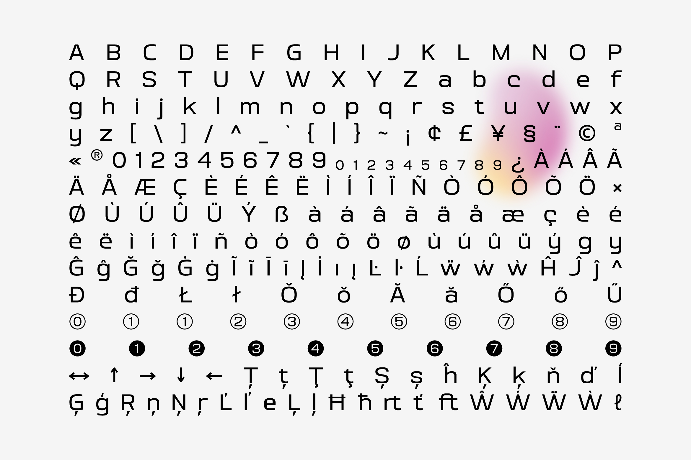 Complete character set showing letters numbers symbols accents