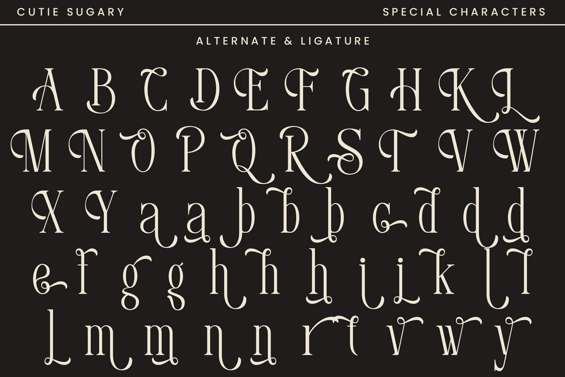 Cutie Sugary font character set showing uppercase, lowercase, alternates ligatures