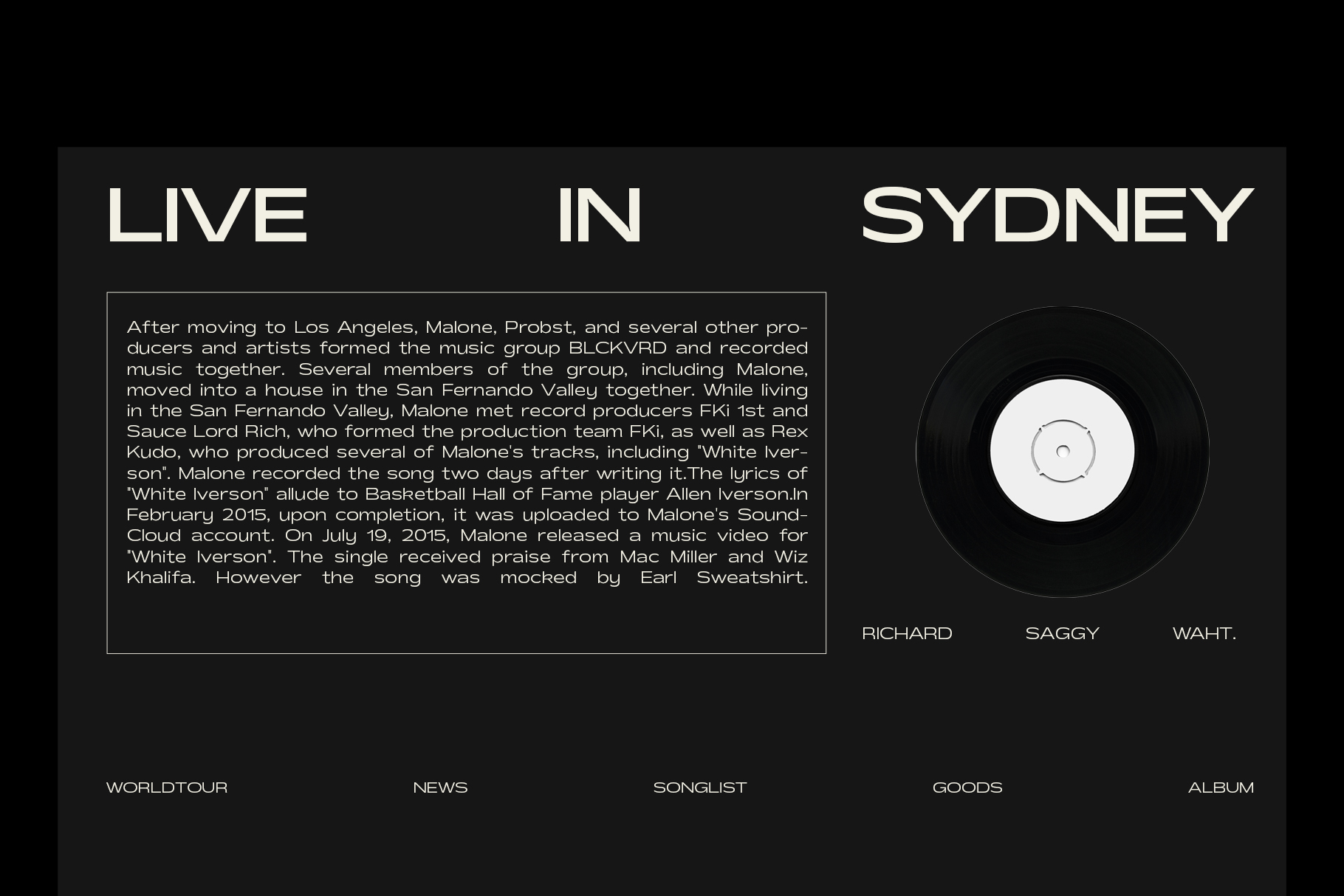 Dark music album layout with LIVE IN SYDNEY heading, vinyl record, body text, artist names Richard Saggy Waht